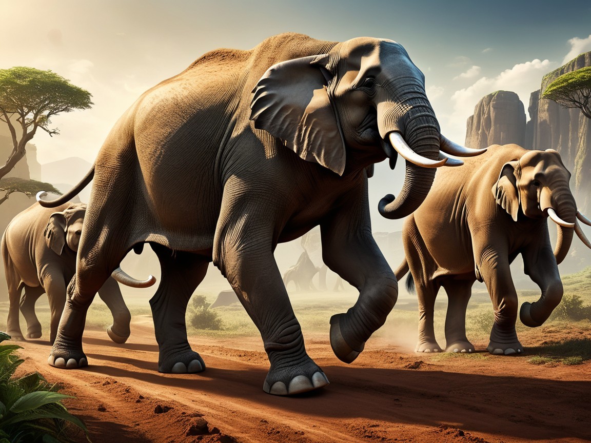 Herd of Elephants in Sunlit Savanna Landscape