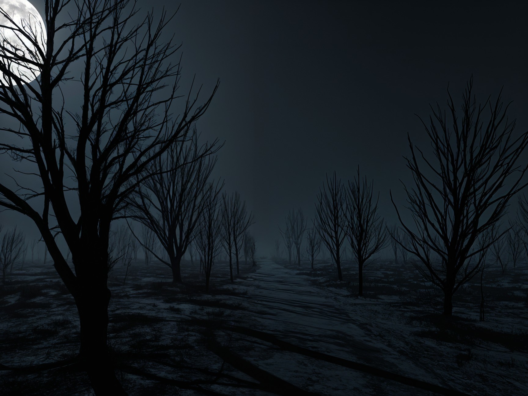 Haunting Landscape Under Full Moon and Misty Night
