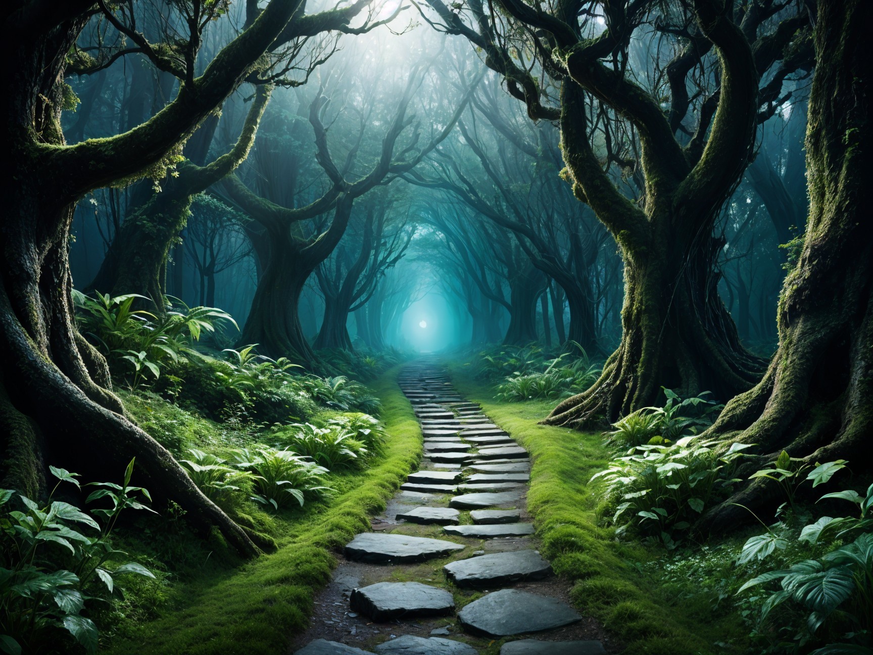 Mystical Forest Pathway Through Tall Dark Trees