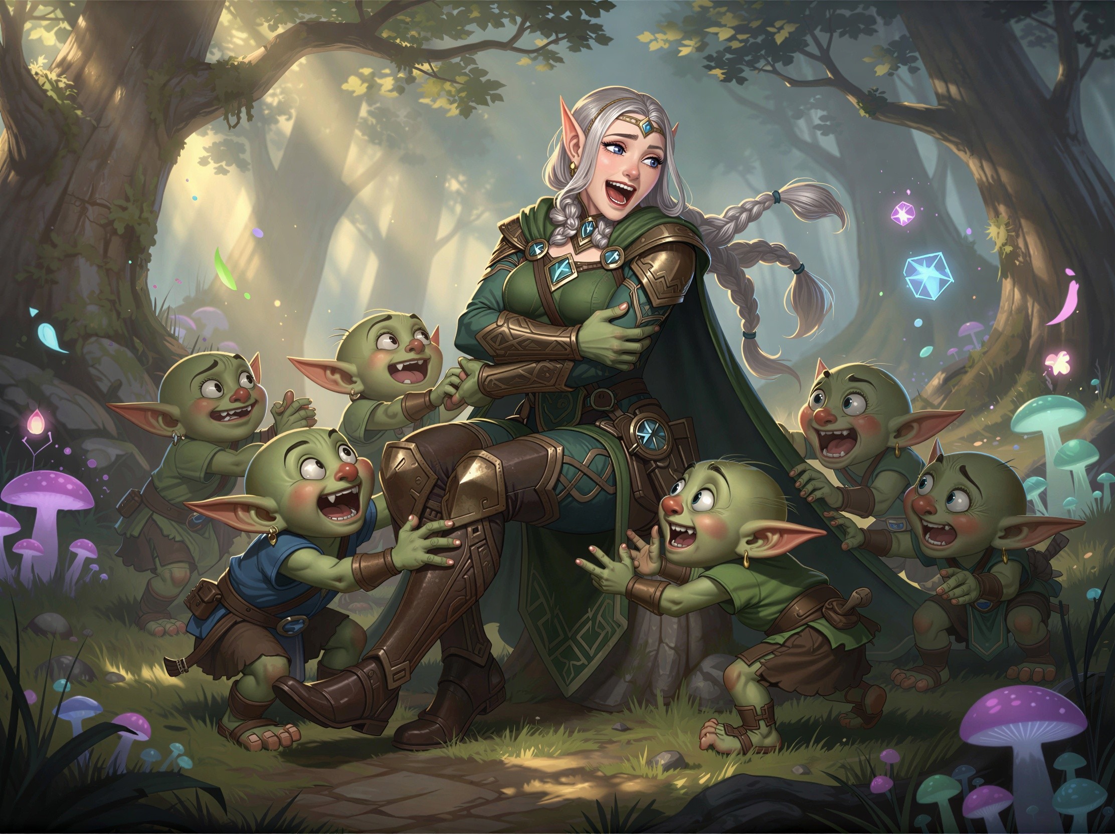 Elf Woman Surrounded by Playful Goblins in Forest