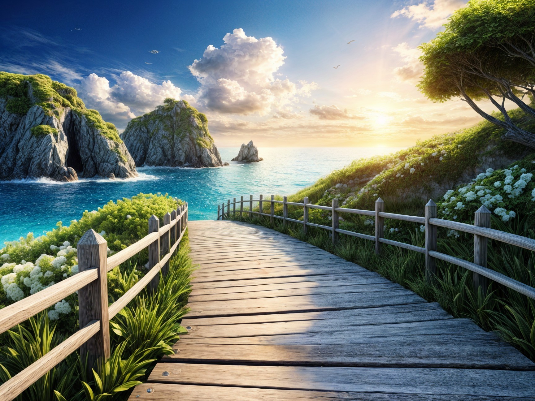 Coastal Scene with Pathway and Vibrant Nature