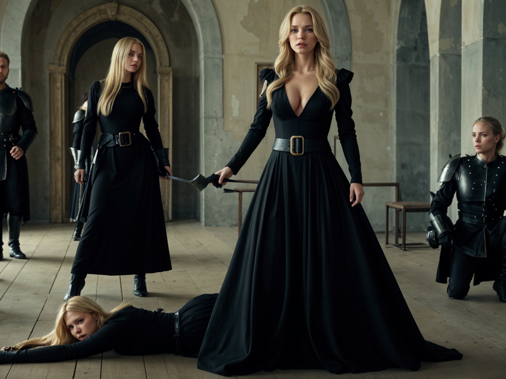 Powerful Woman in Black Dress Amidst Tense Atmosphere