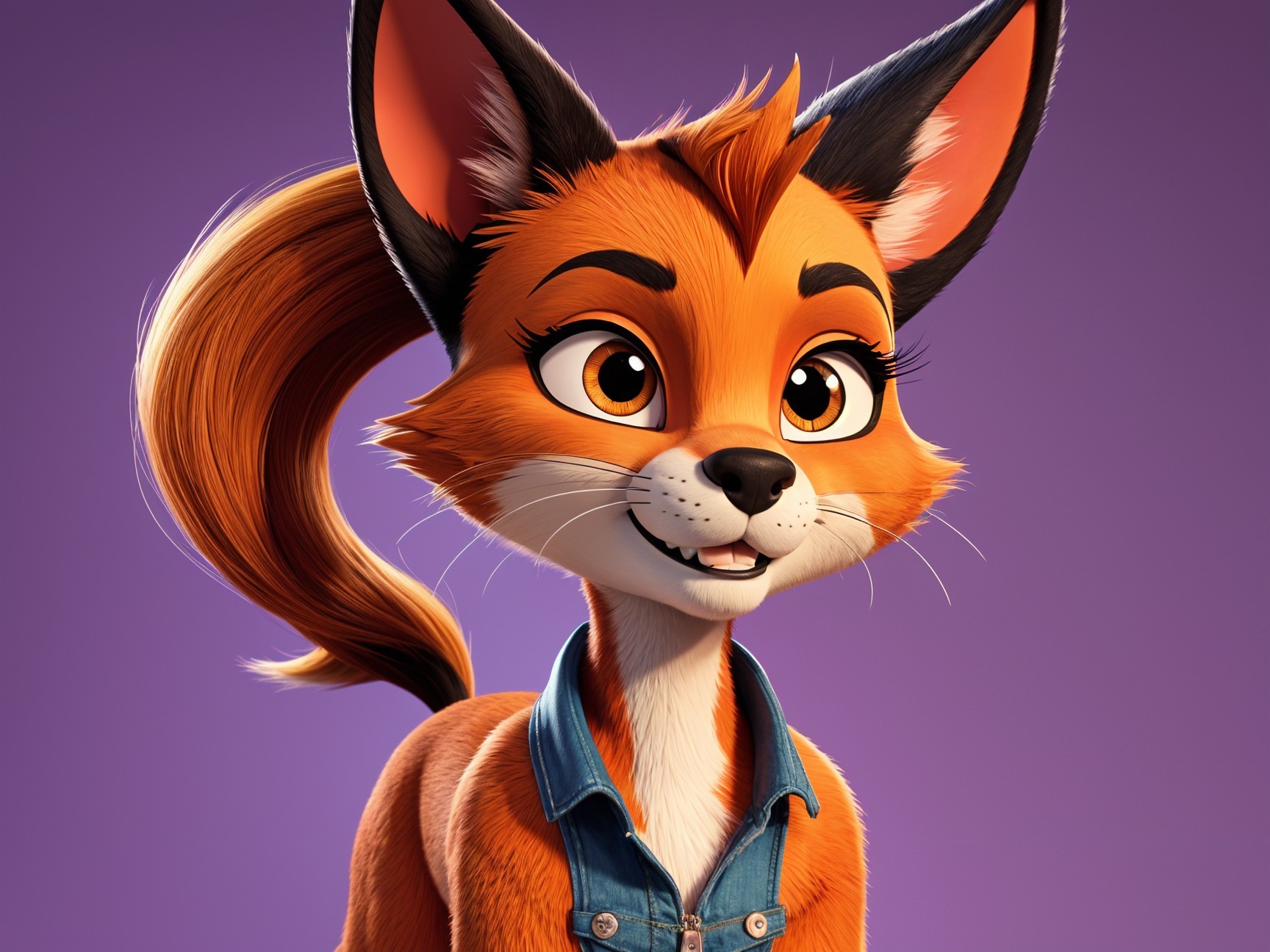 Cheerful animated fox character with denim jacket