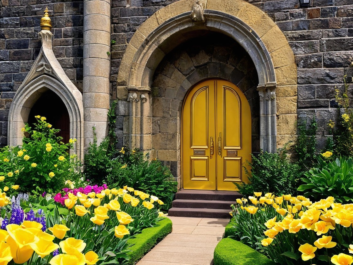Charming Stone Building with Colorful Garden Pathway