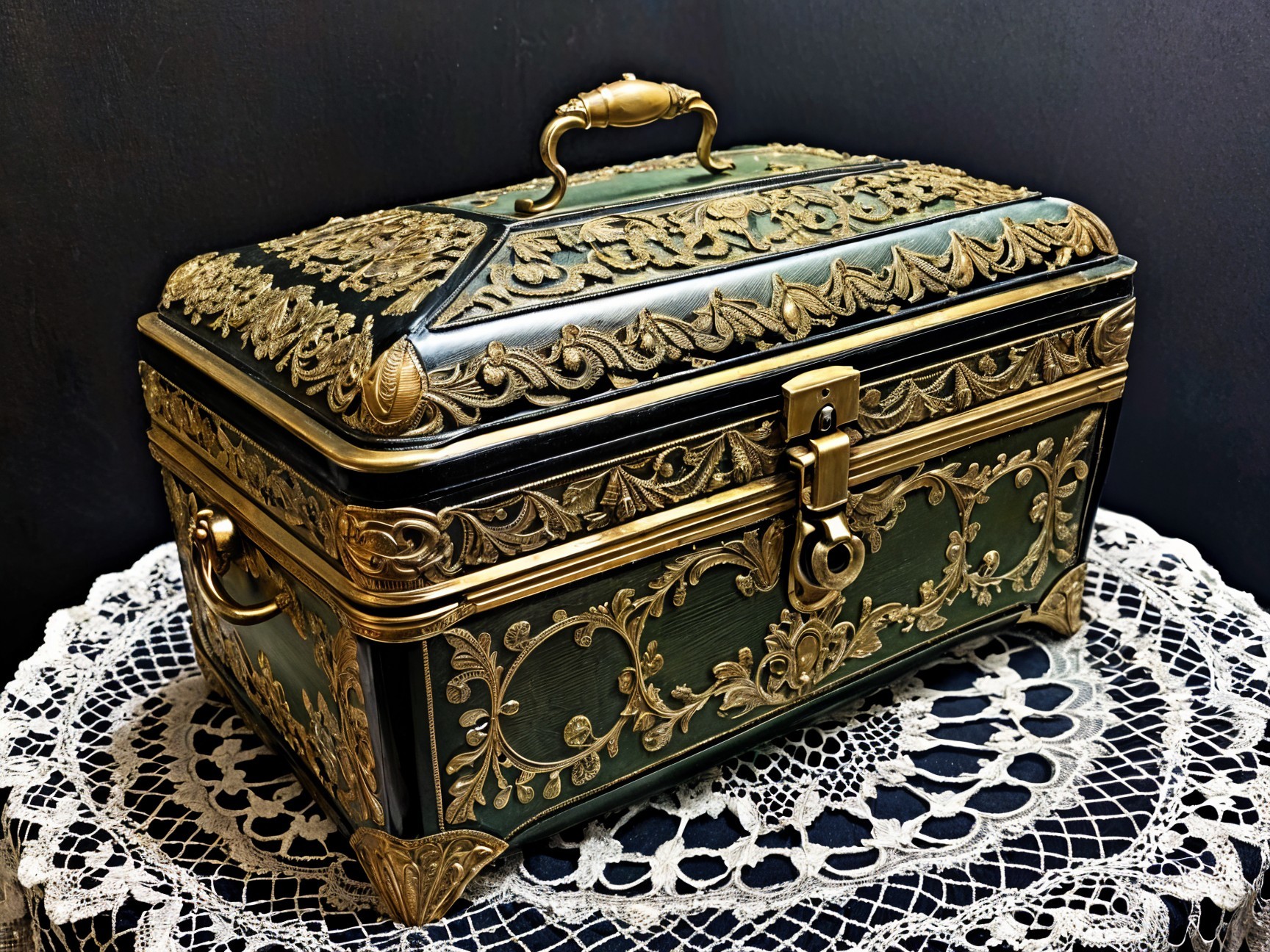 Ornate vintage box with floral designs and gold accents
