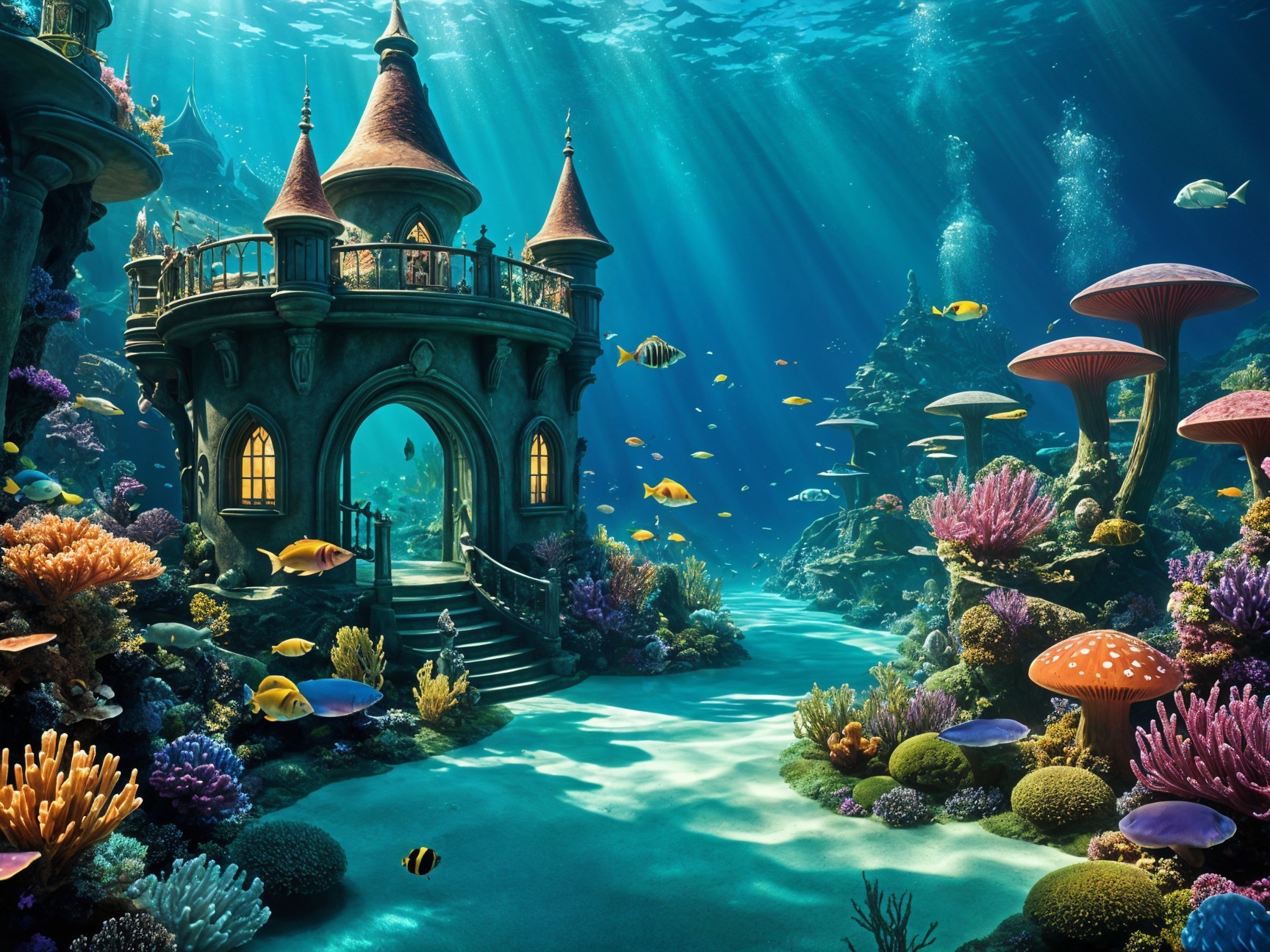 Vibrant Underwater Scene with Whimsical Castle