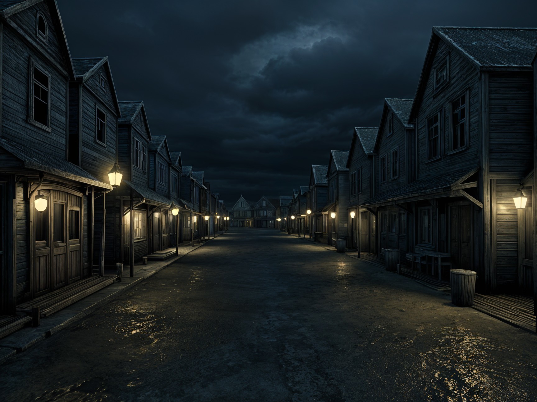 Eerie Street with Wooden Houses and Gas Lamps