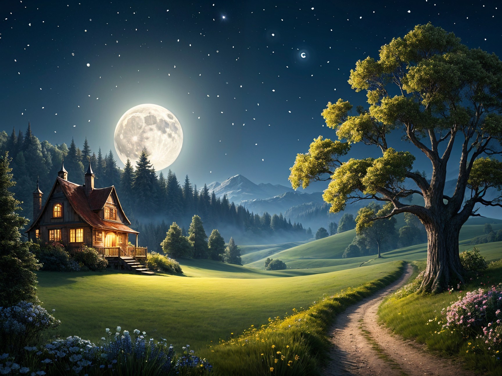 Serene Nighttime Landscape with Cottage and Moonlight