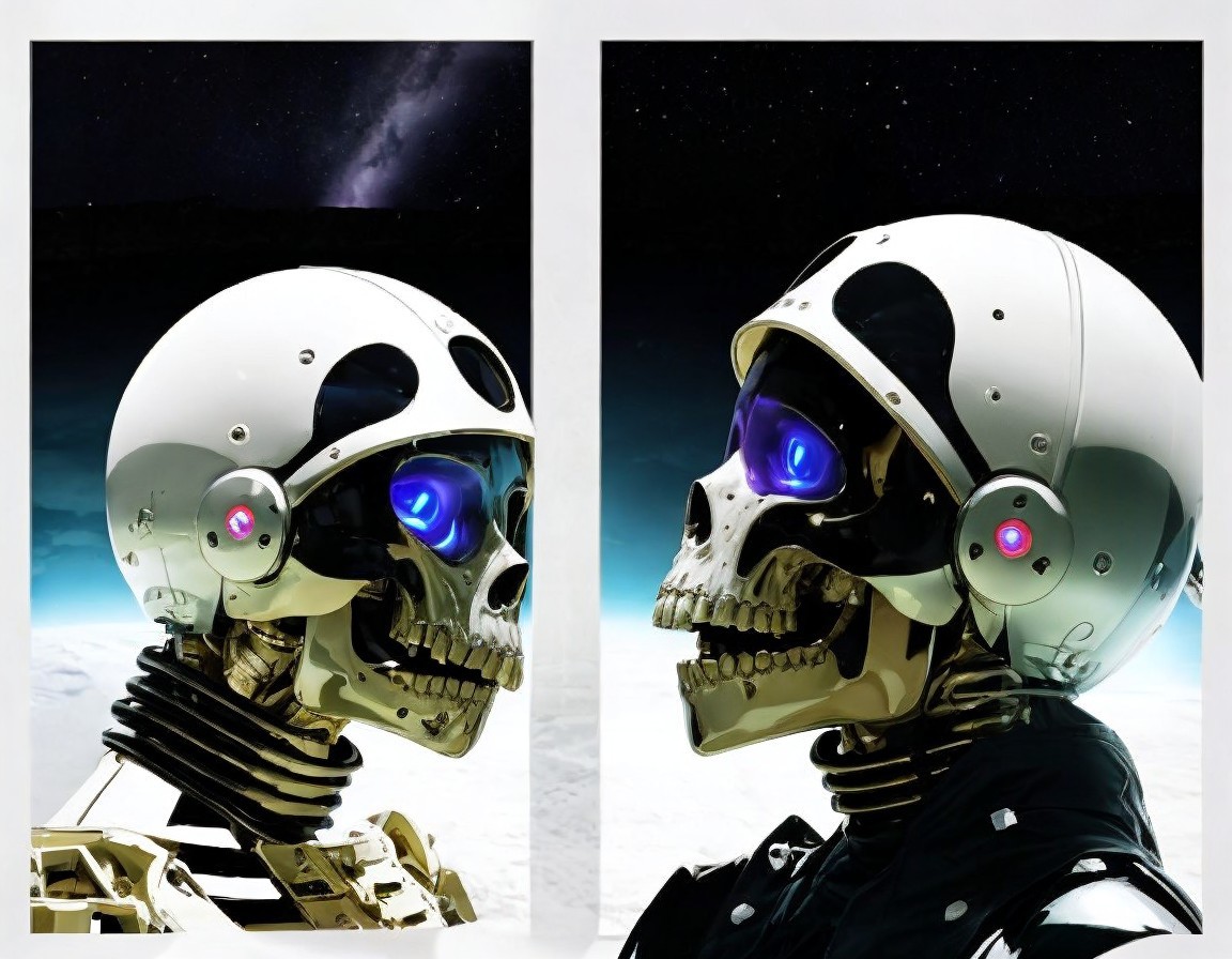 Robotic Skulls with Metallic Surfaces in Space Setting