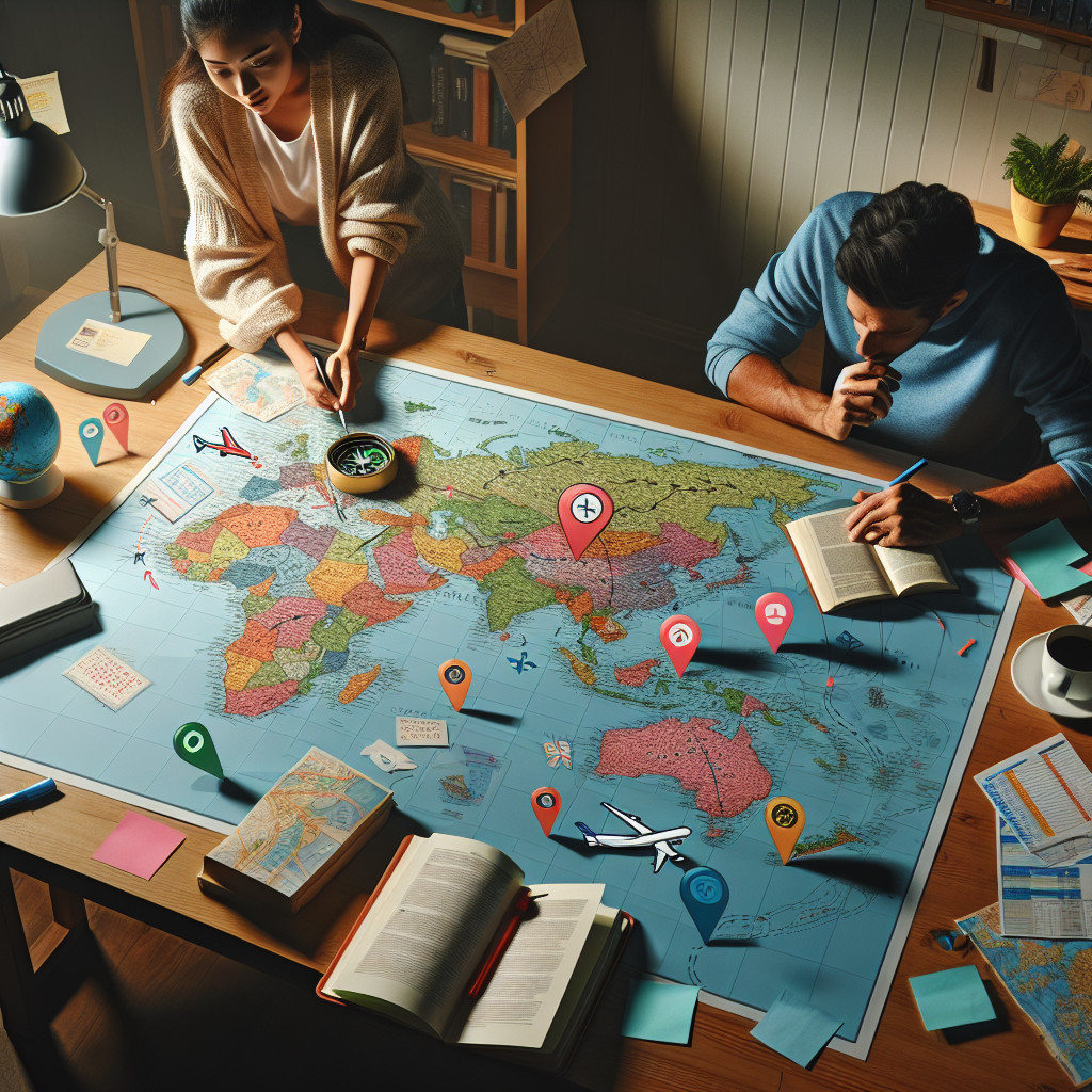 Individuals Planning Trip with World Map and Guides
