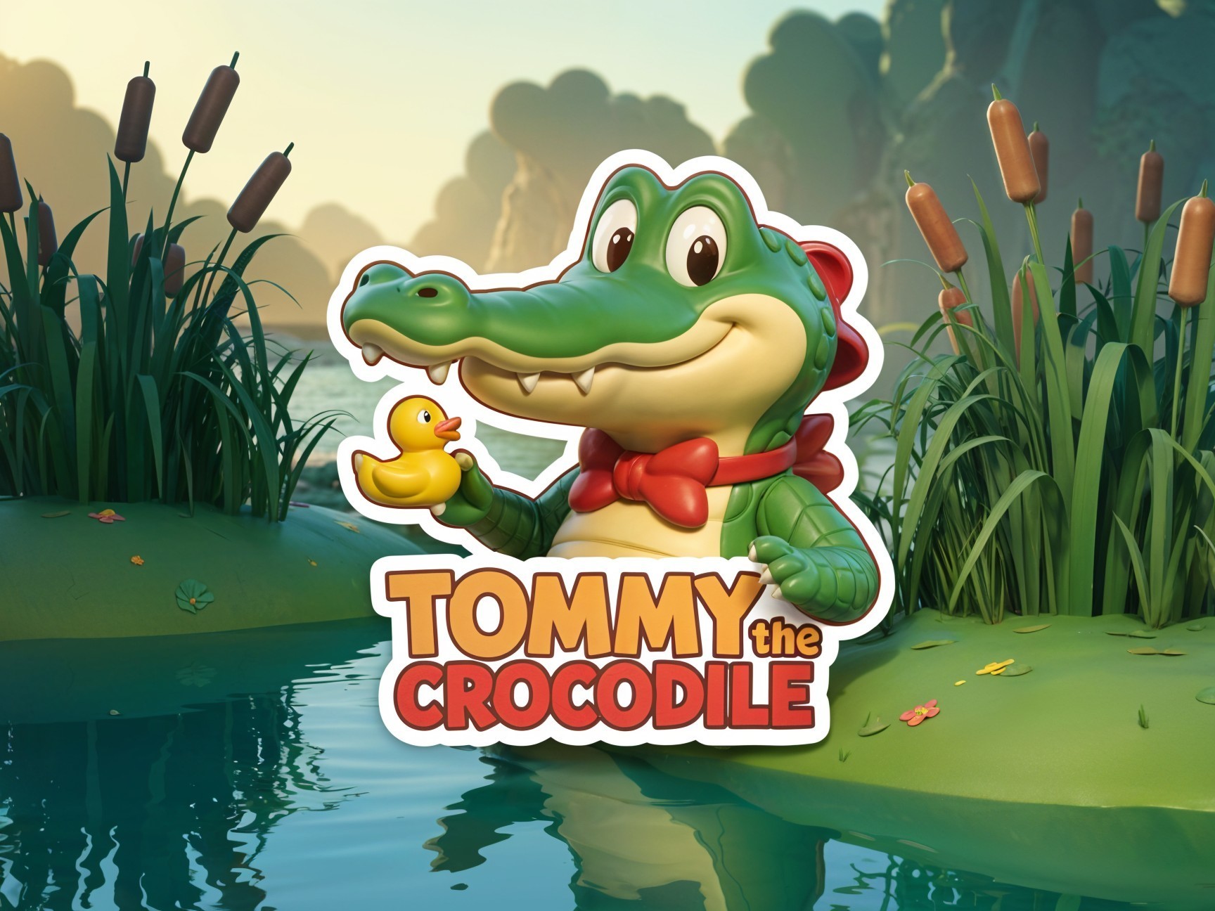 Cheerful Cartoon Crocodile with Rubber Duck in Nature
