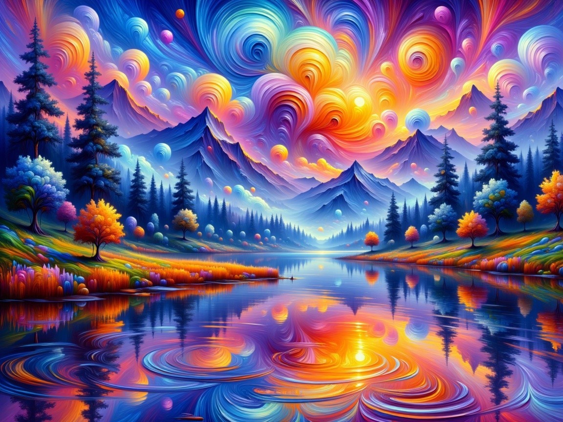 Vibrant Landscape with Colorful Sky and Mountains