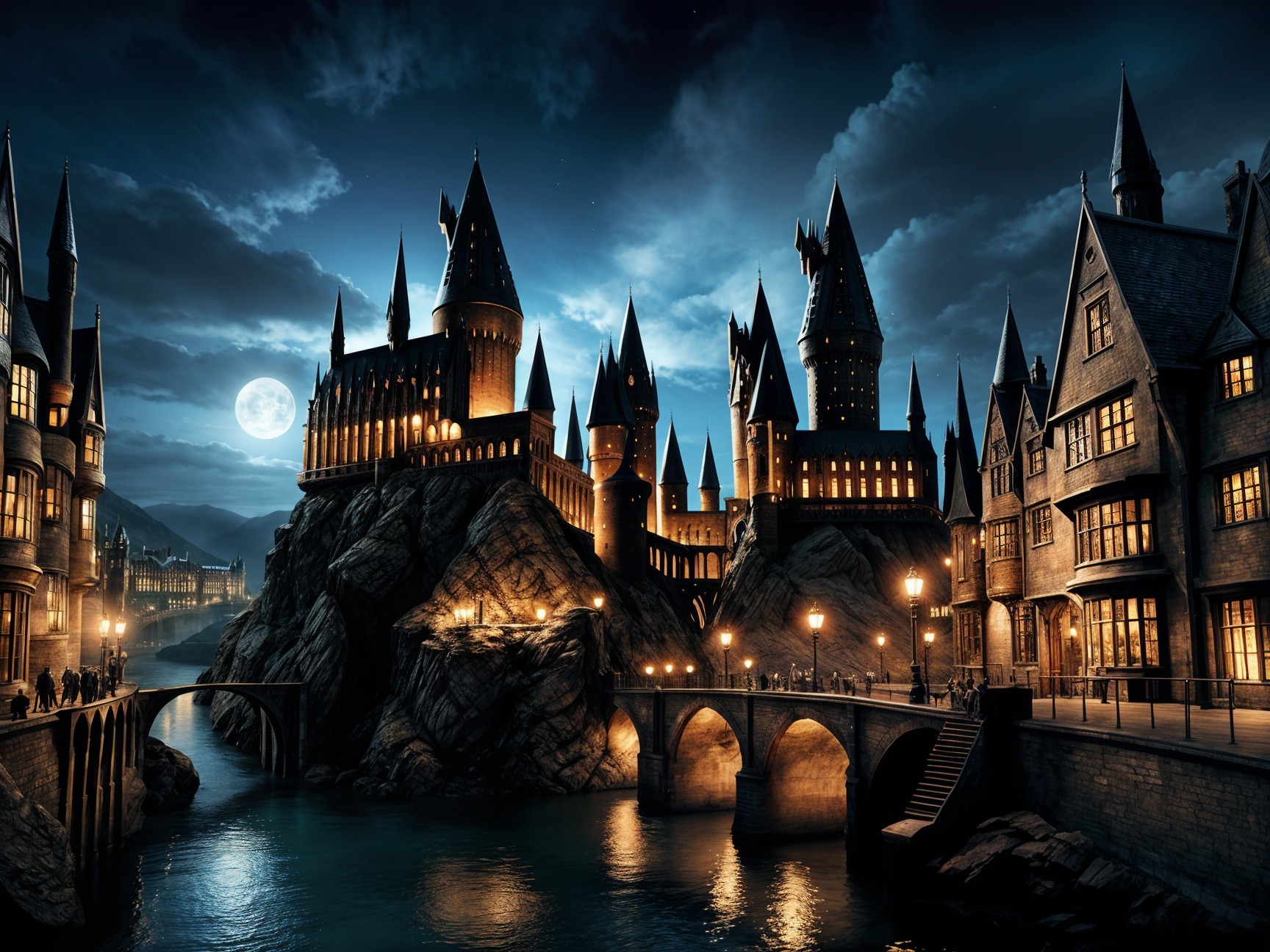 Castle on a Cliff Under a Full Moon at Night