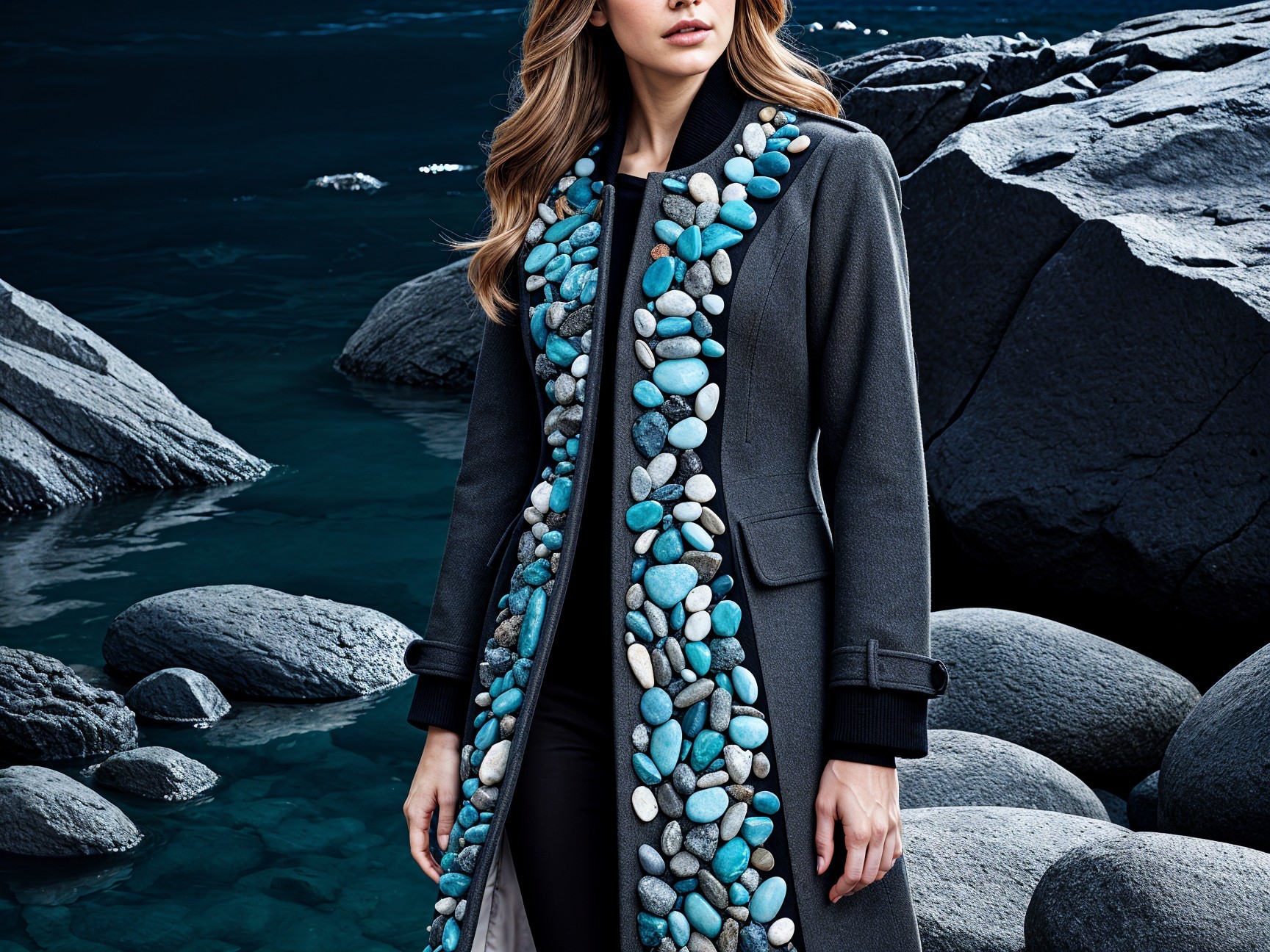 Woman in stylish coat by rocky shoreline