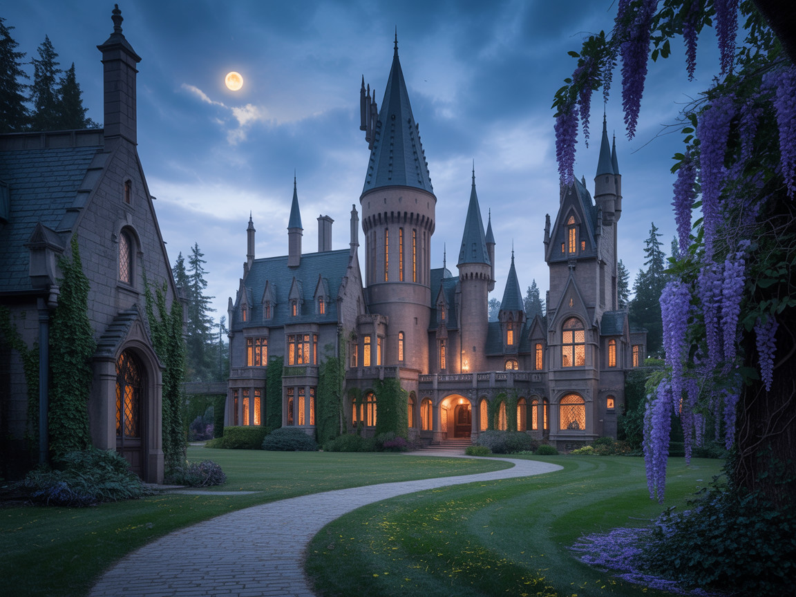 Whimsical Castle at Twilight with Lush Surroundings