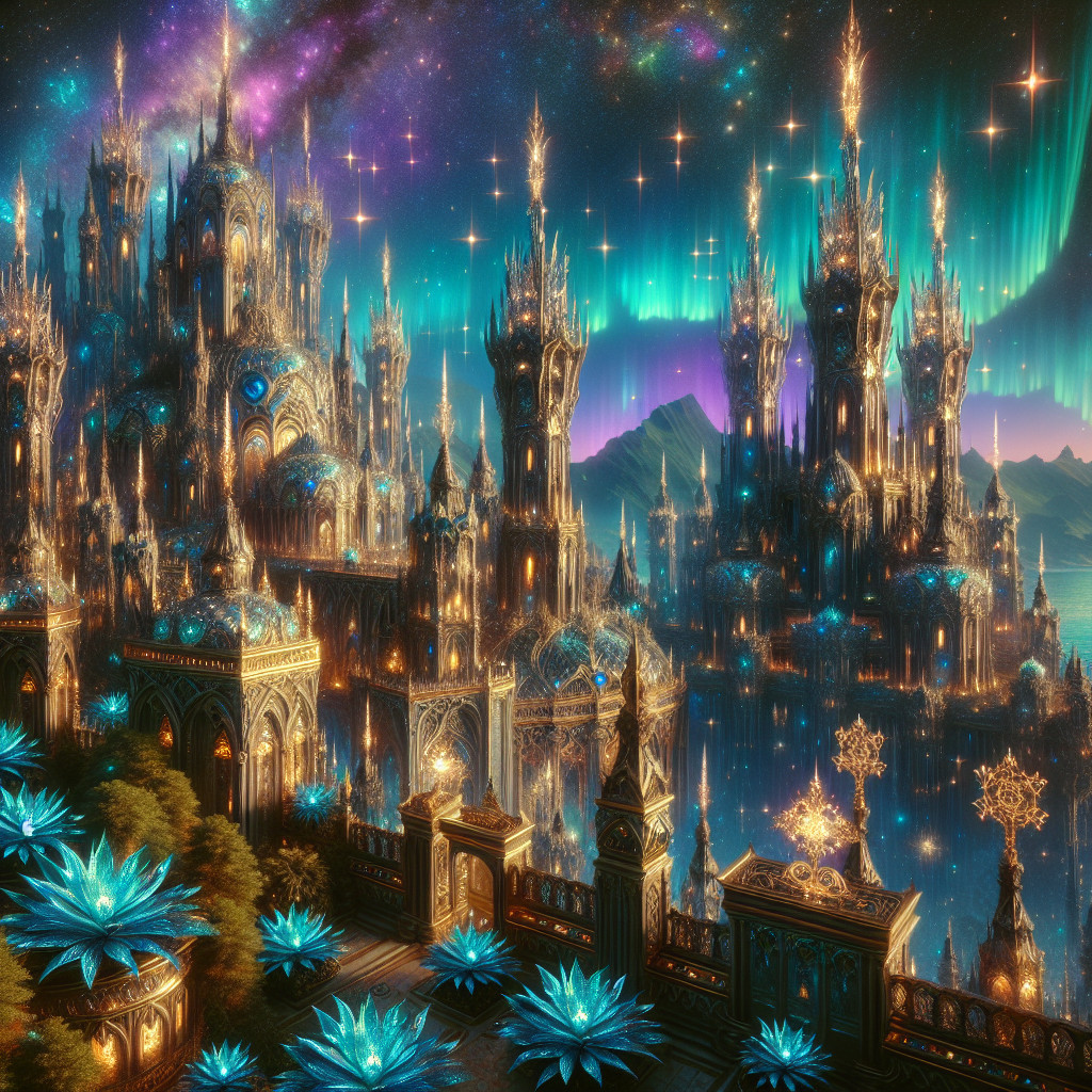 Fantastical cityscape under cosmic sky with auroras