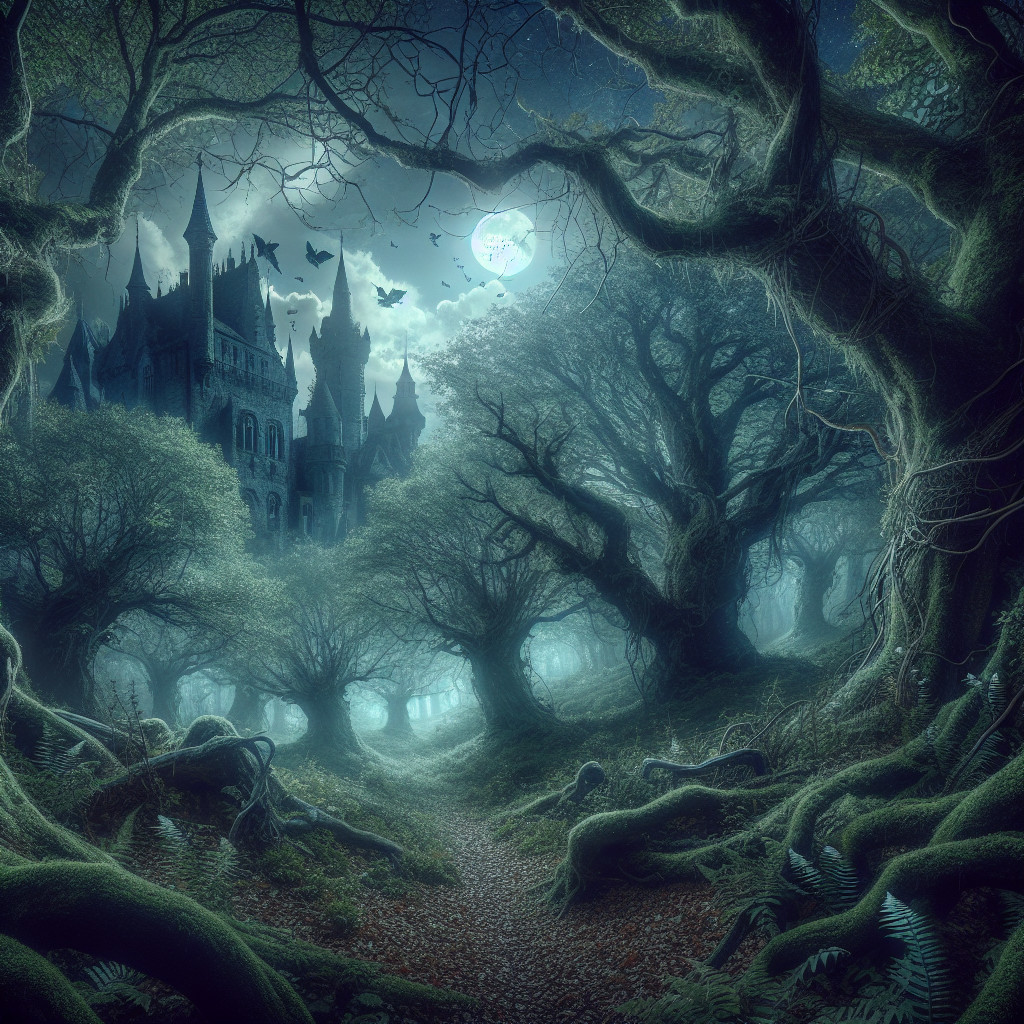 Moonlit Forest Surrounding an Ancient Gothic Castle