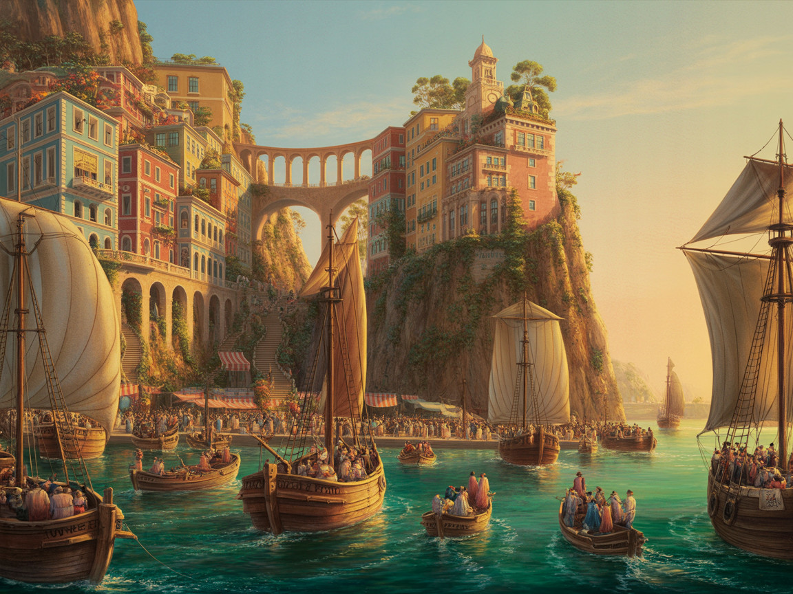 Vibrant Coastal Scene with Colorful Cliffs and Sailboats