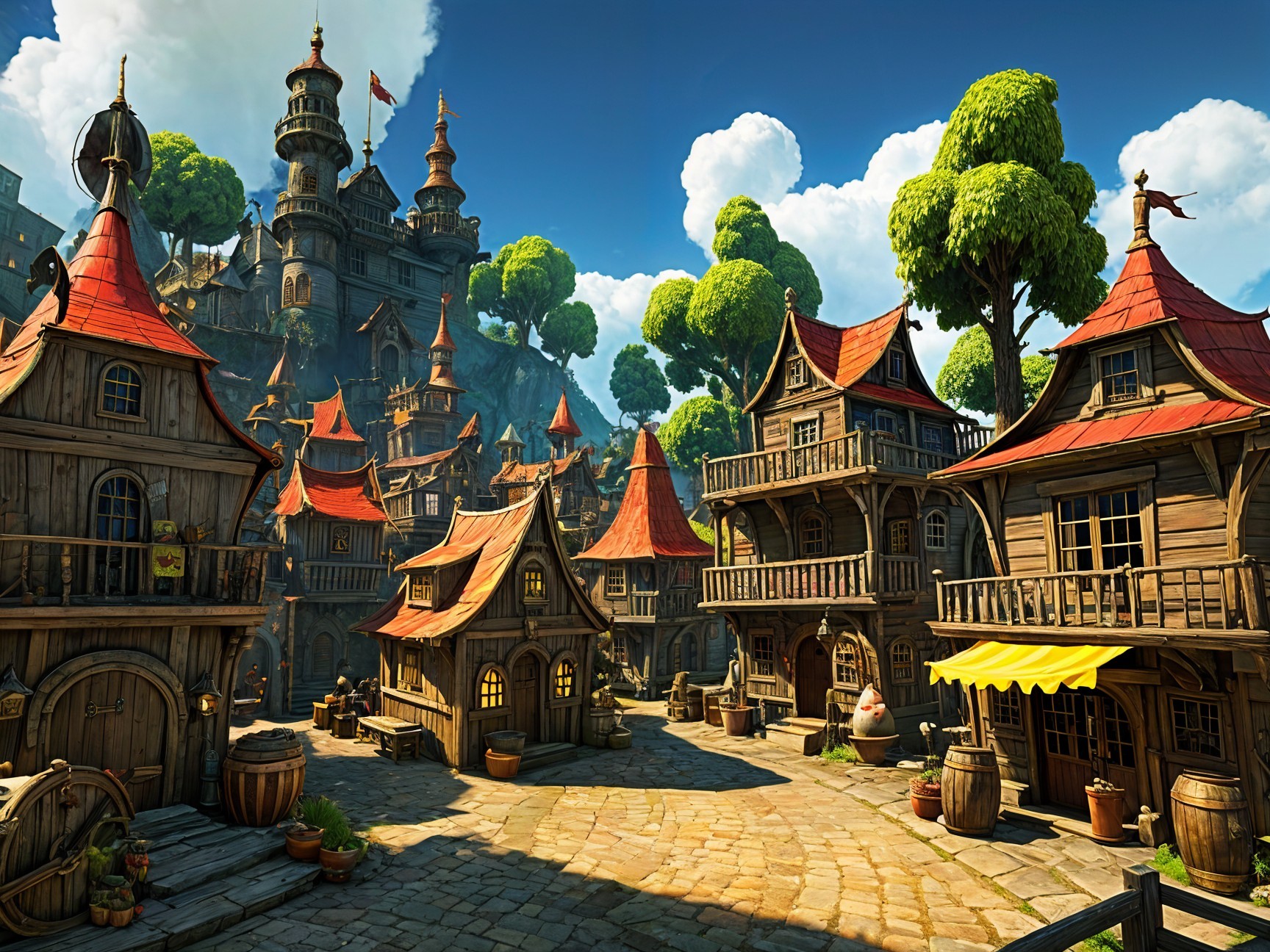 Whimsical Village with Wooden Houses and Castle Backdrop