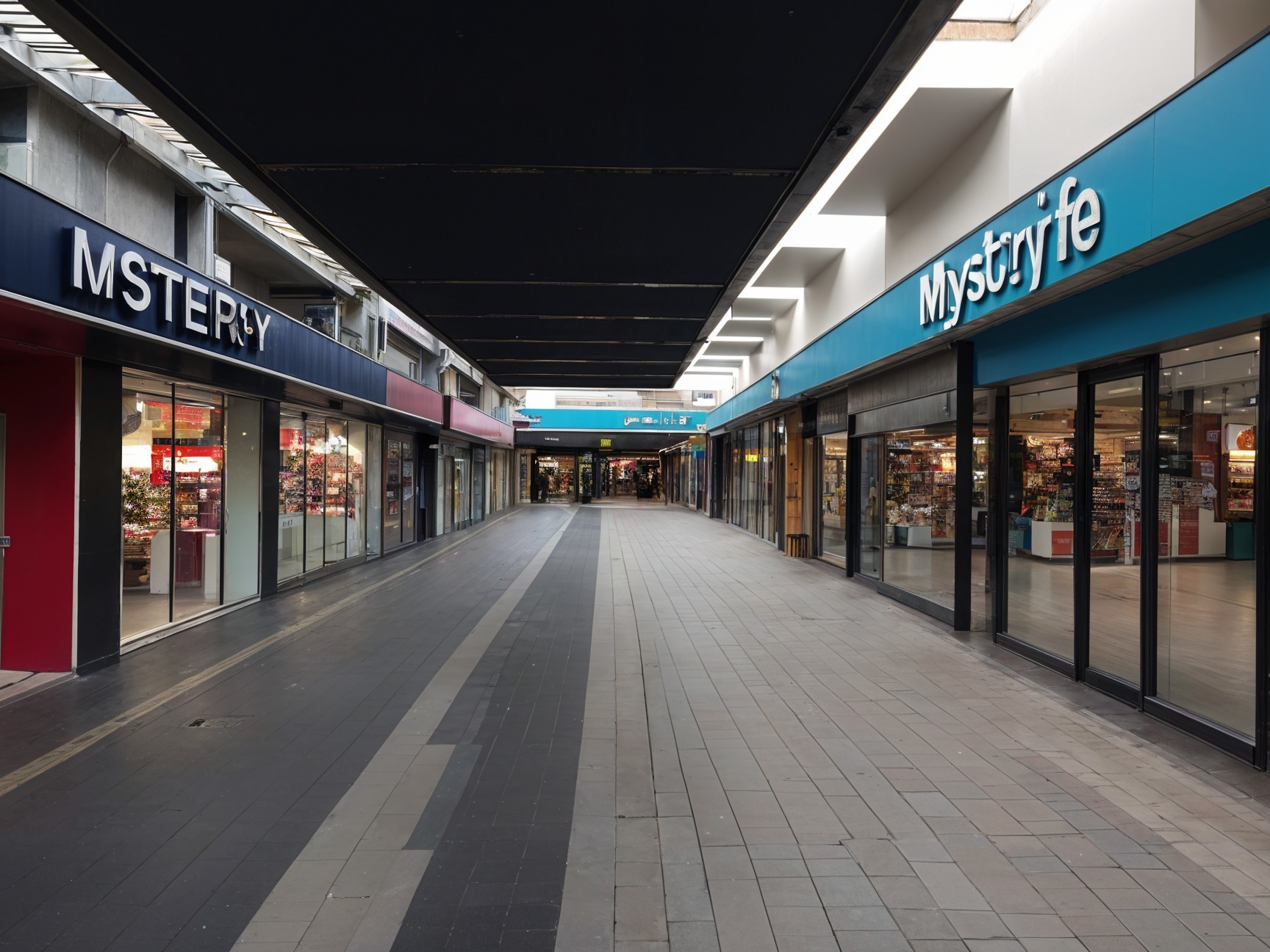 Shopping Corridor with Retail Stores and Bright Facades