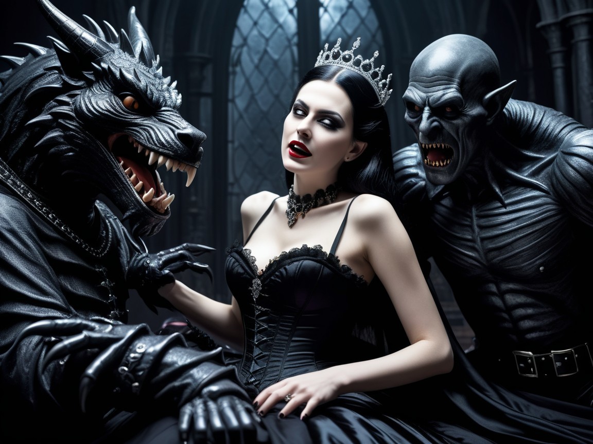 Gothic Scene with Mysterious Woman and Creatures