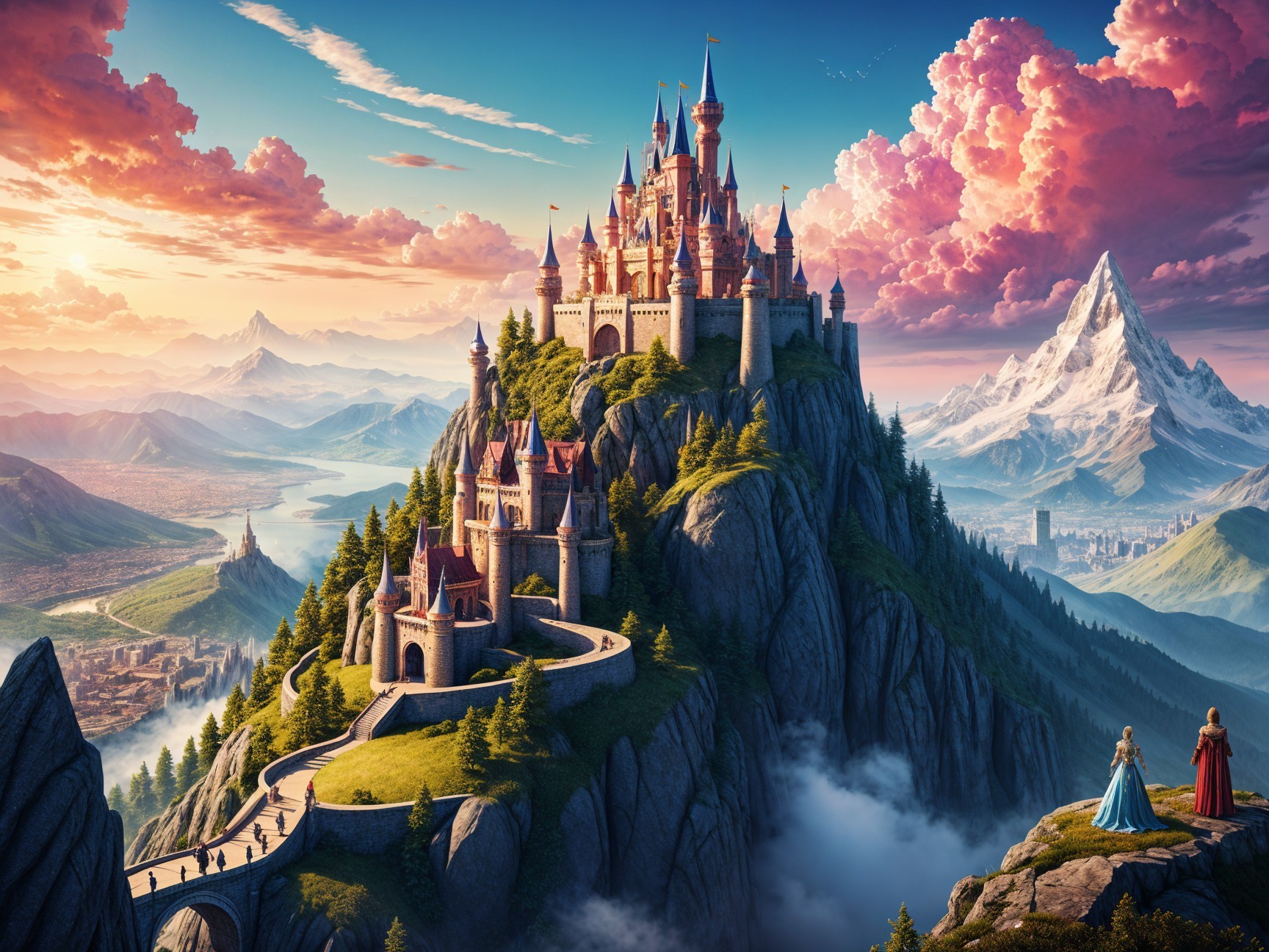 Castle on a Mountain with Vibrant Sunset Sky