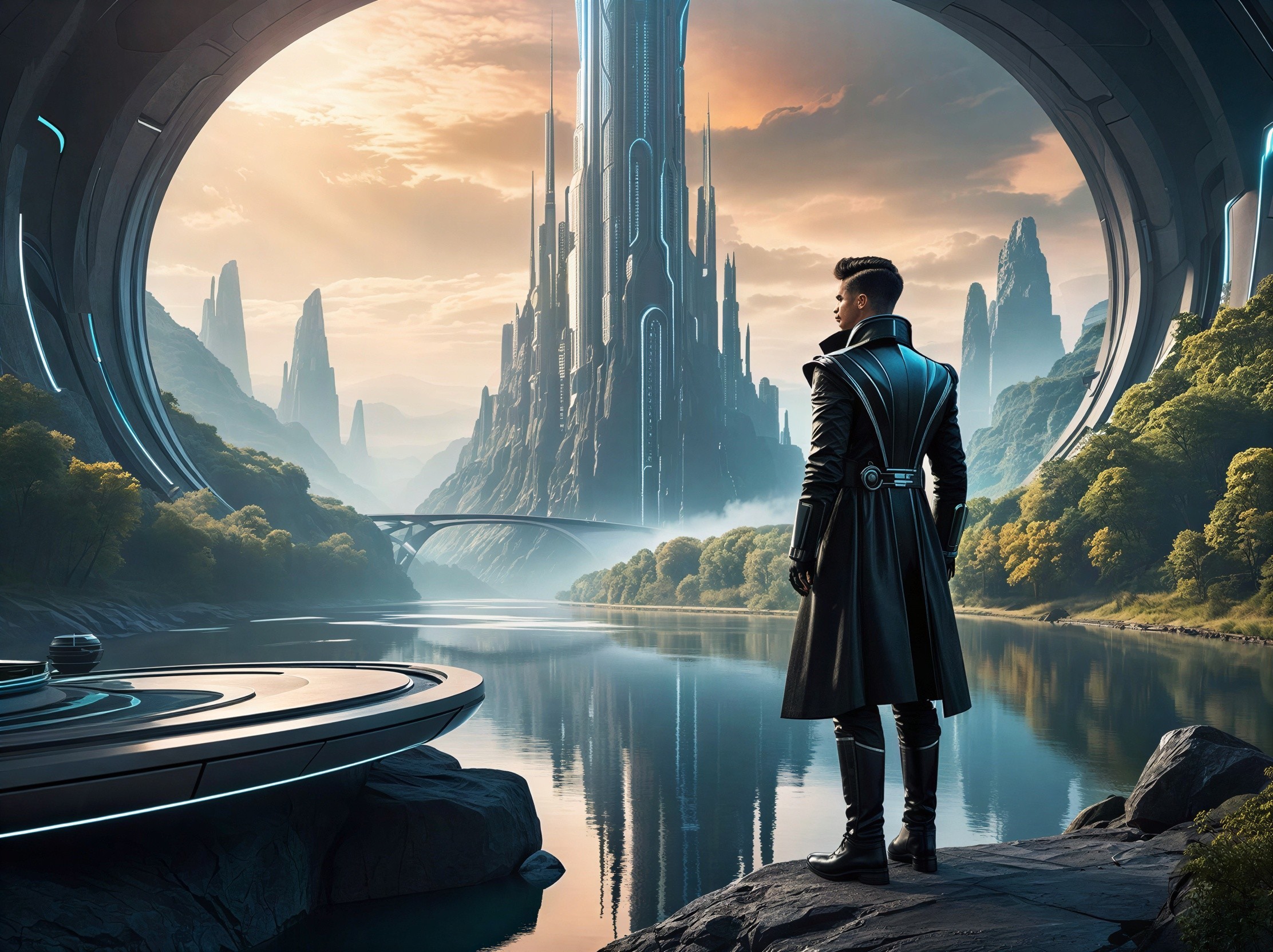 Lone Figure Overlooking Futuristic City at Dusk