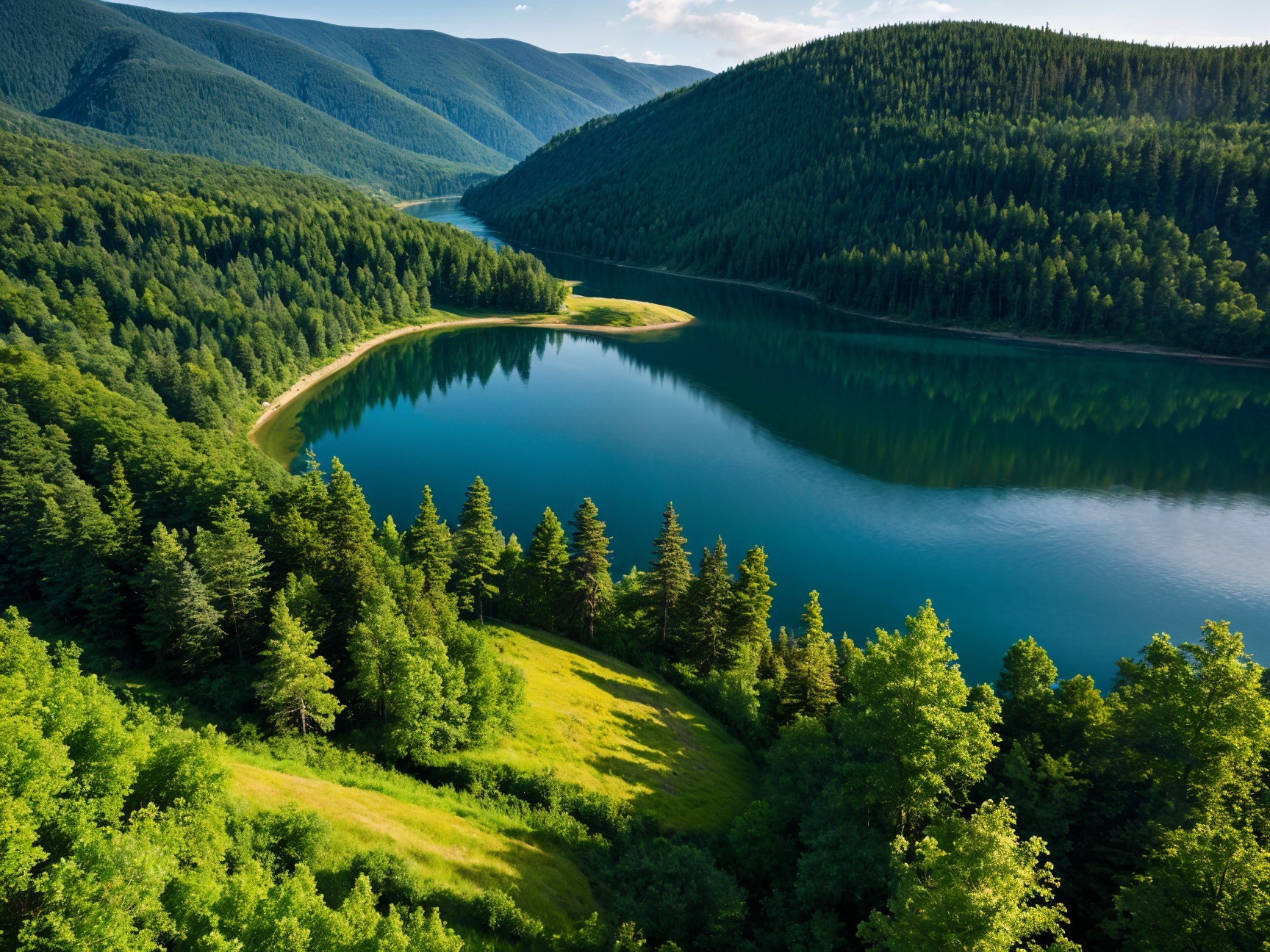 Serene Landscape with Calm Lake and Lush Forests