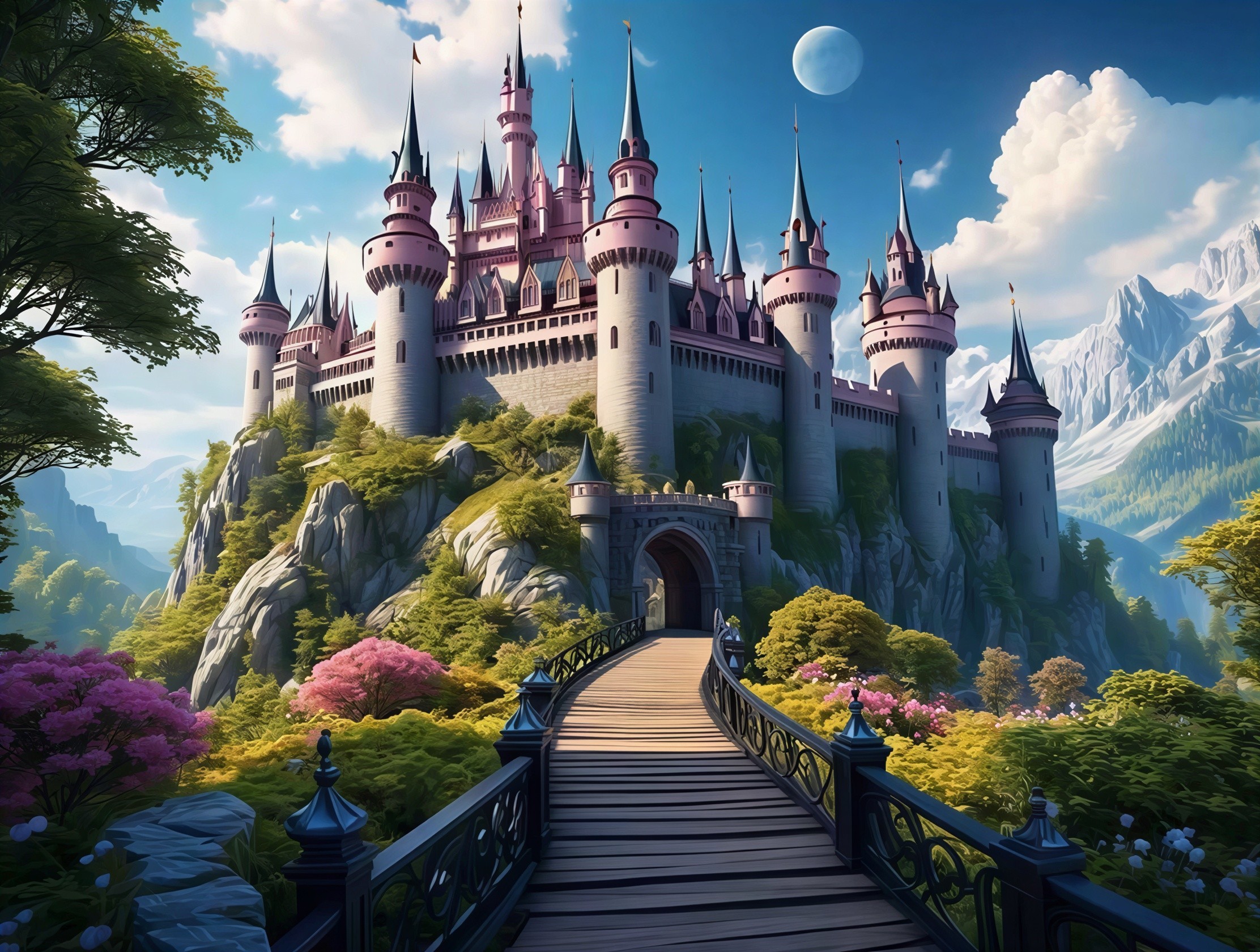 Majestic castle on rocky cliff with lush landscape