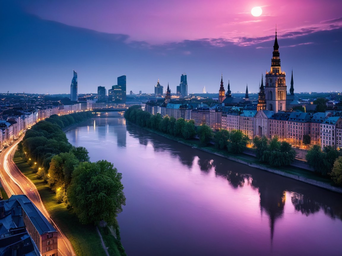 Aerial View of City at Twilight with River and Lights