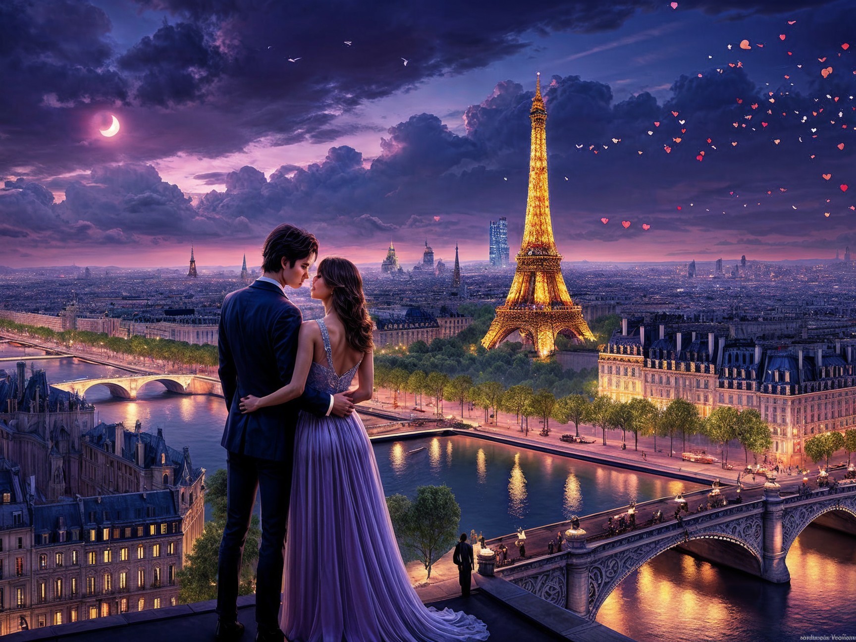 Romantic Paris Scene with Eiffel Tower and Twilight Sky