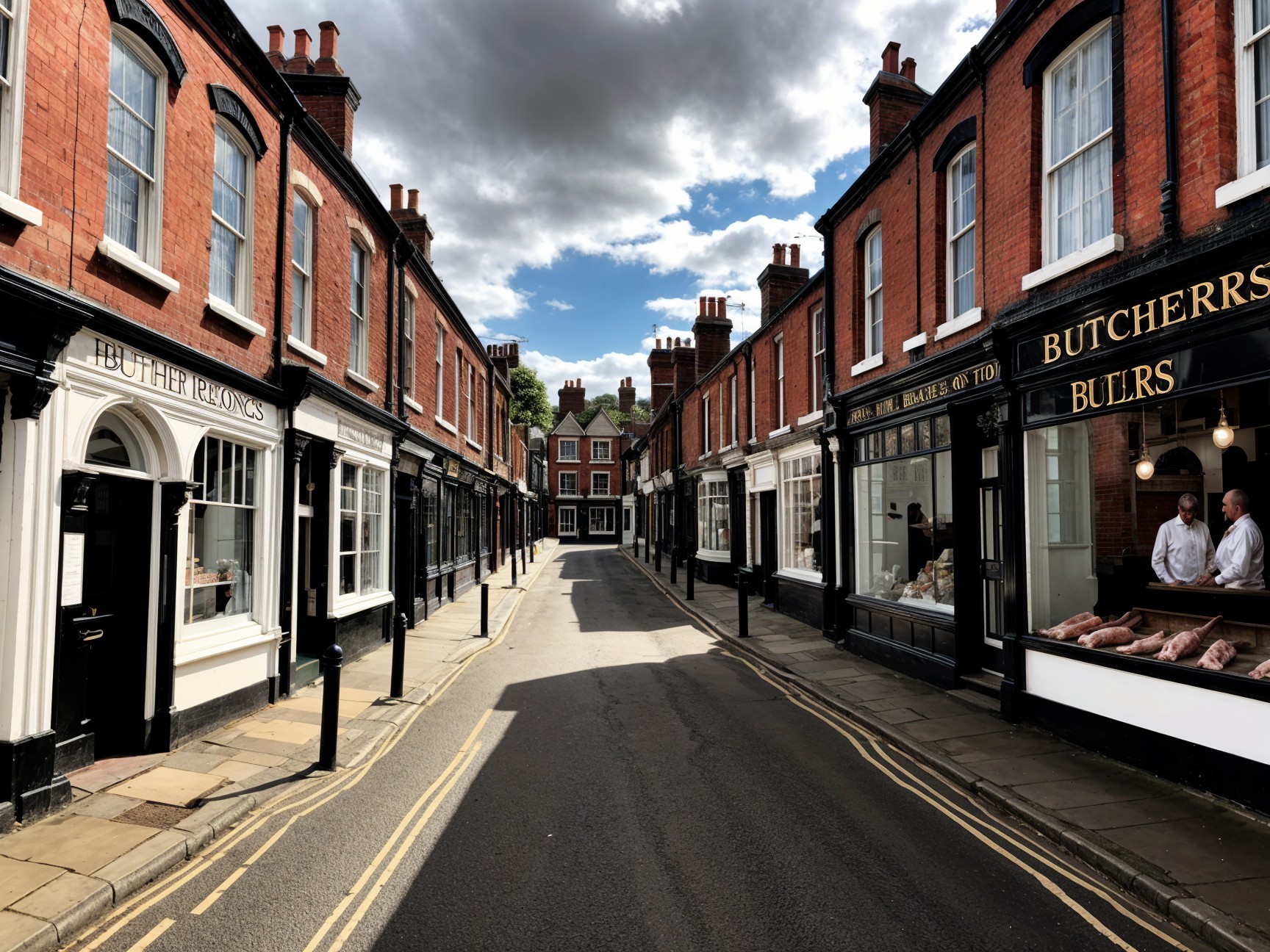 Charming Street Scene with Red-Brick Buildings and Shops