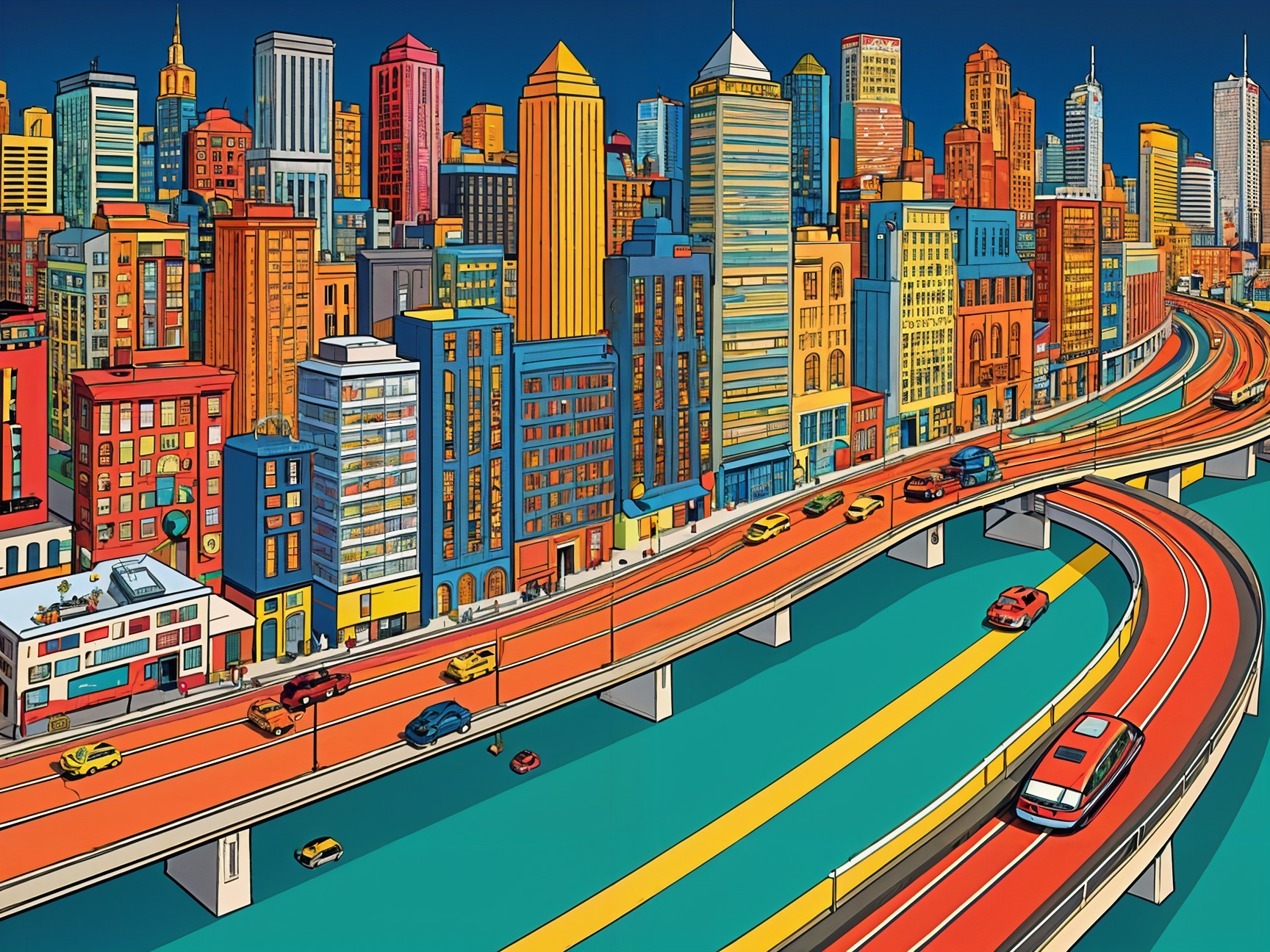 Vibrant Urban Landscape with Colorful City Skyline
