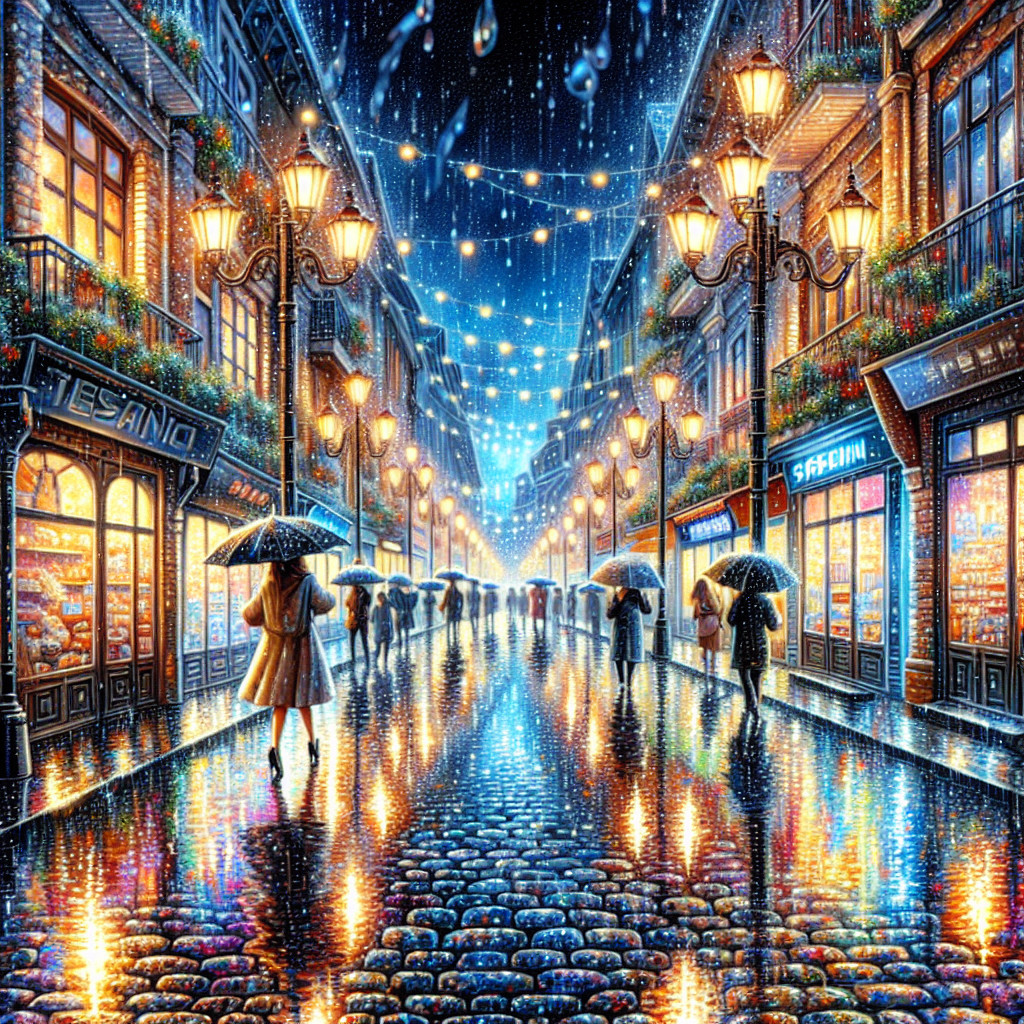 Rainy Night Street Scene with Warm Street Lamps