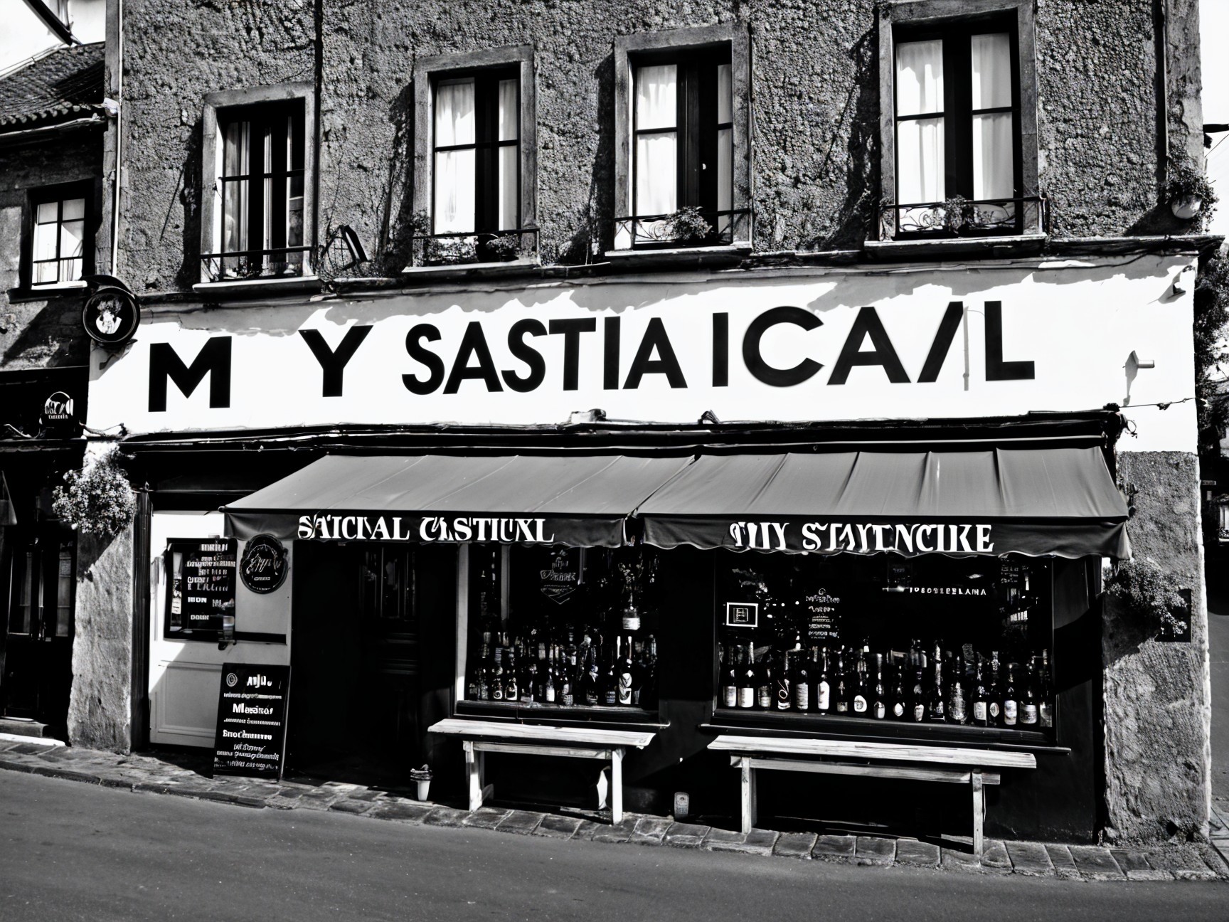 Black-and-white photo of a rustic storefront with bar