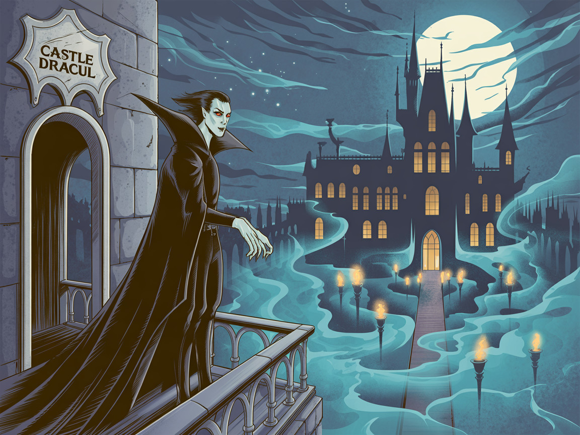 Gothic Castle Scene with Pale Figure and Moonlight