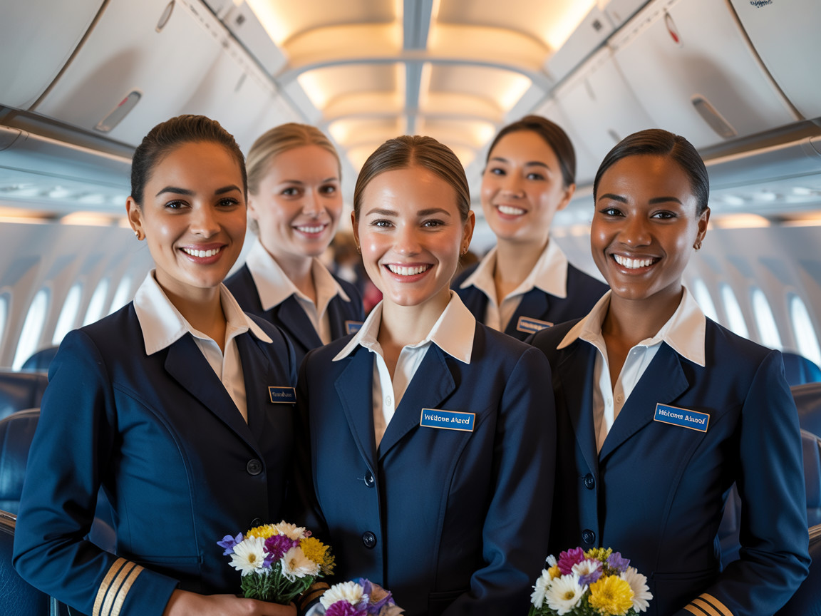 Flight Attendants in Navy Uniforms with Bouquets Inside Airplane