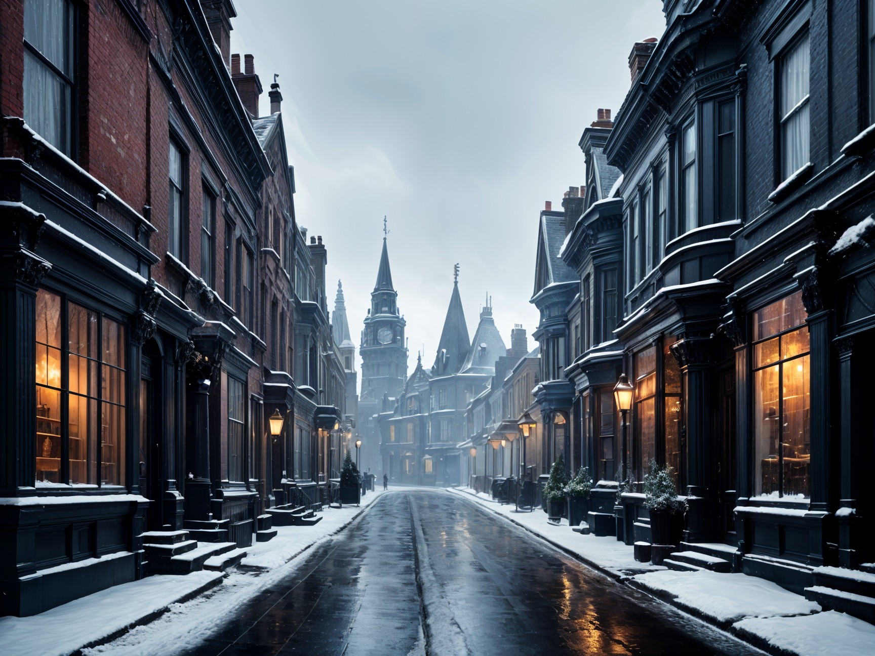 Snow-Covered Street with Historic Buildings and Clock Tower