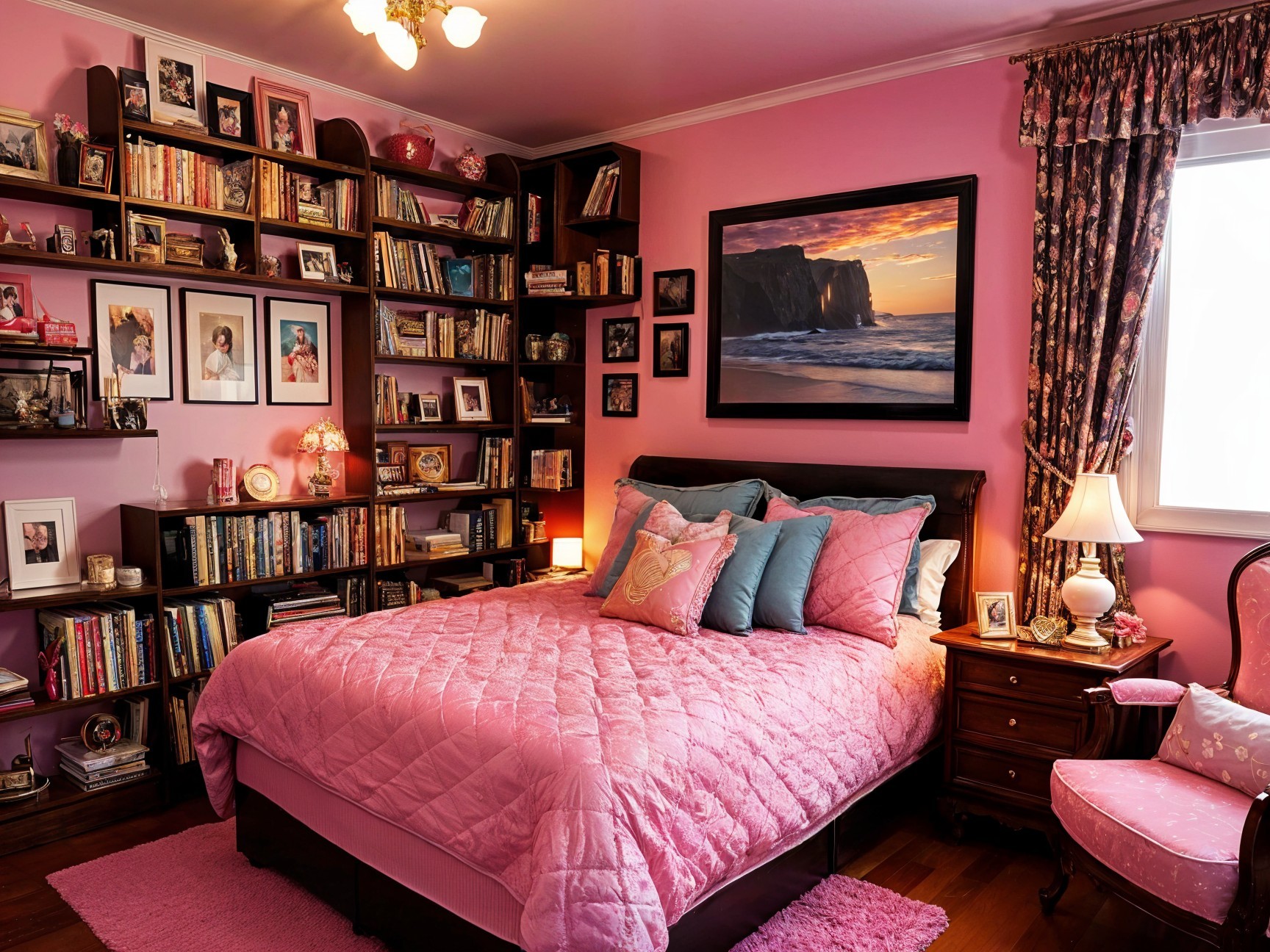 Cozy Pink Bedroom with Plush Decor and Bookshelf
