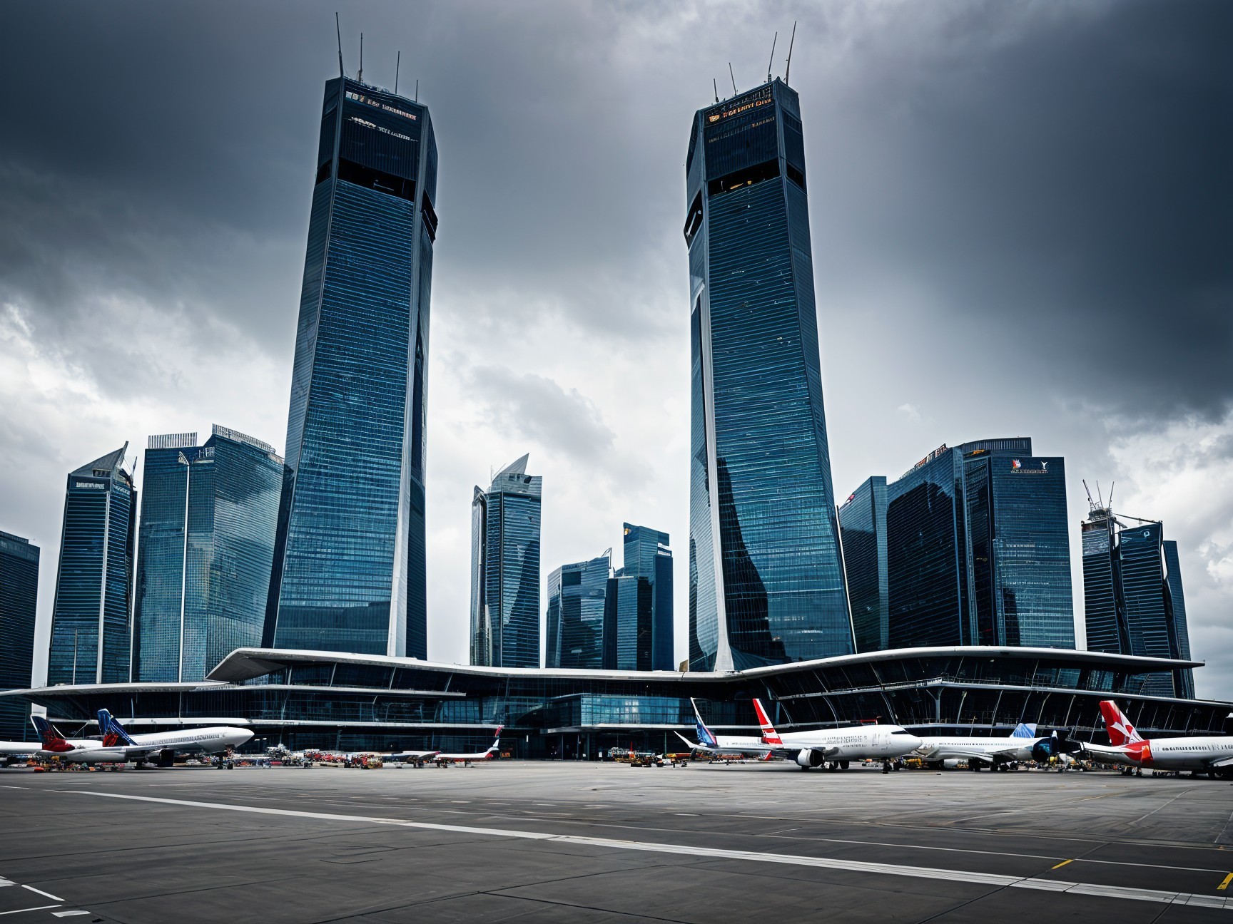 Modern airport with skyscrapers and overcast sky