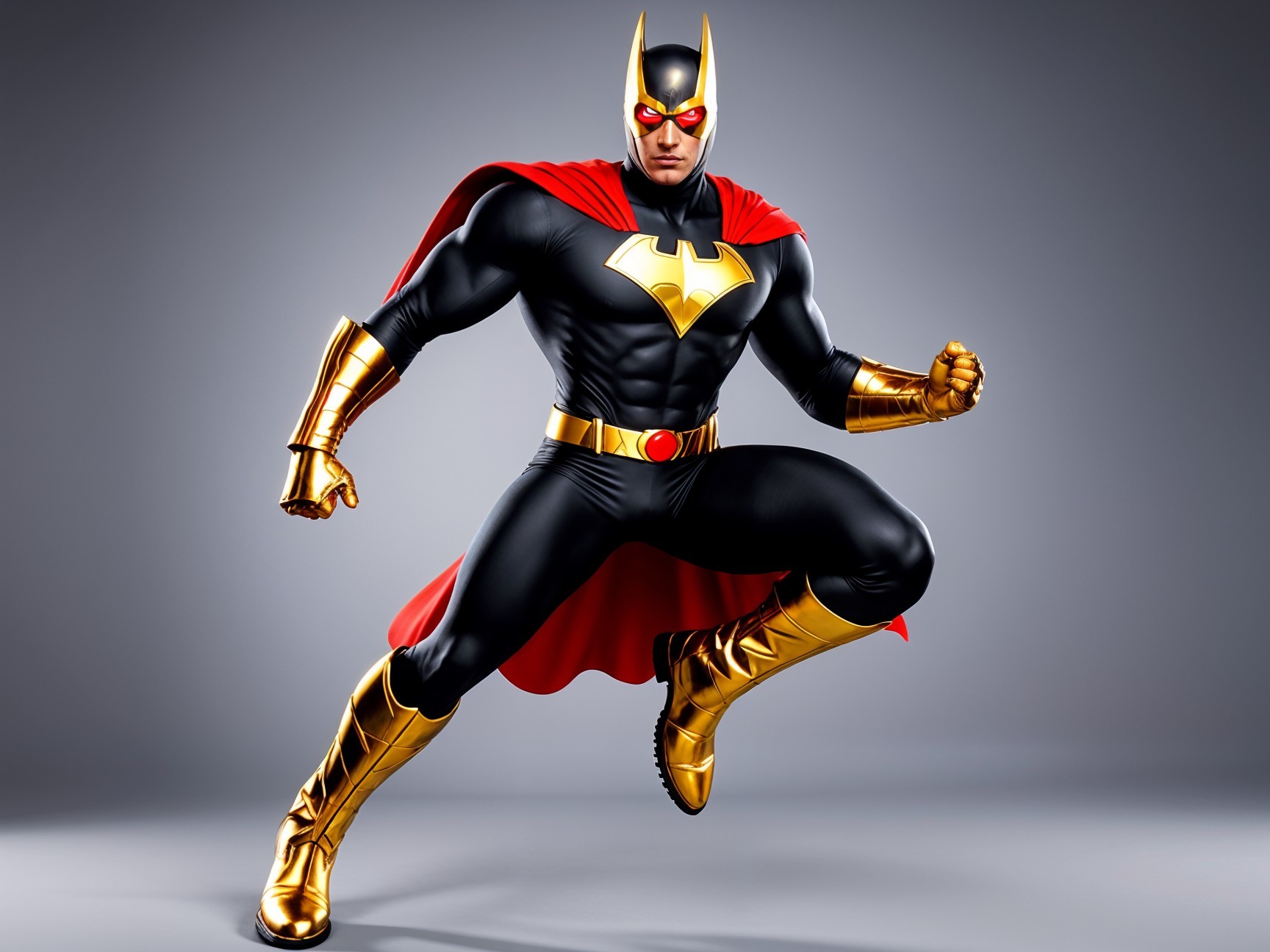 Muscular Superhero in Black and Gold Costume Design