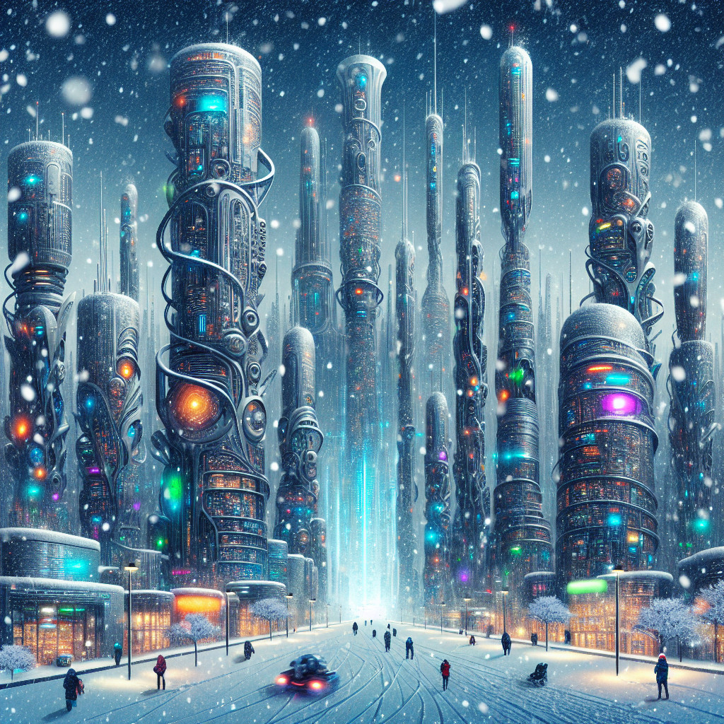 Futuristic Cityscape Covered in Snow and Lights
