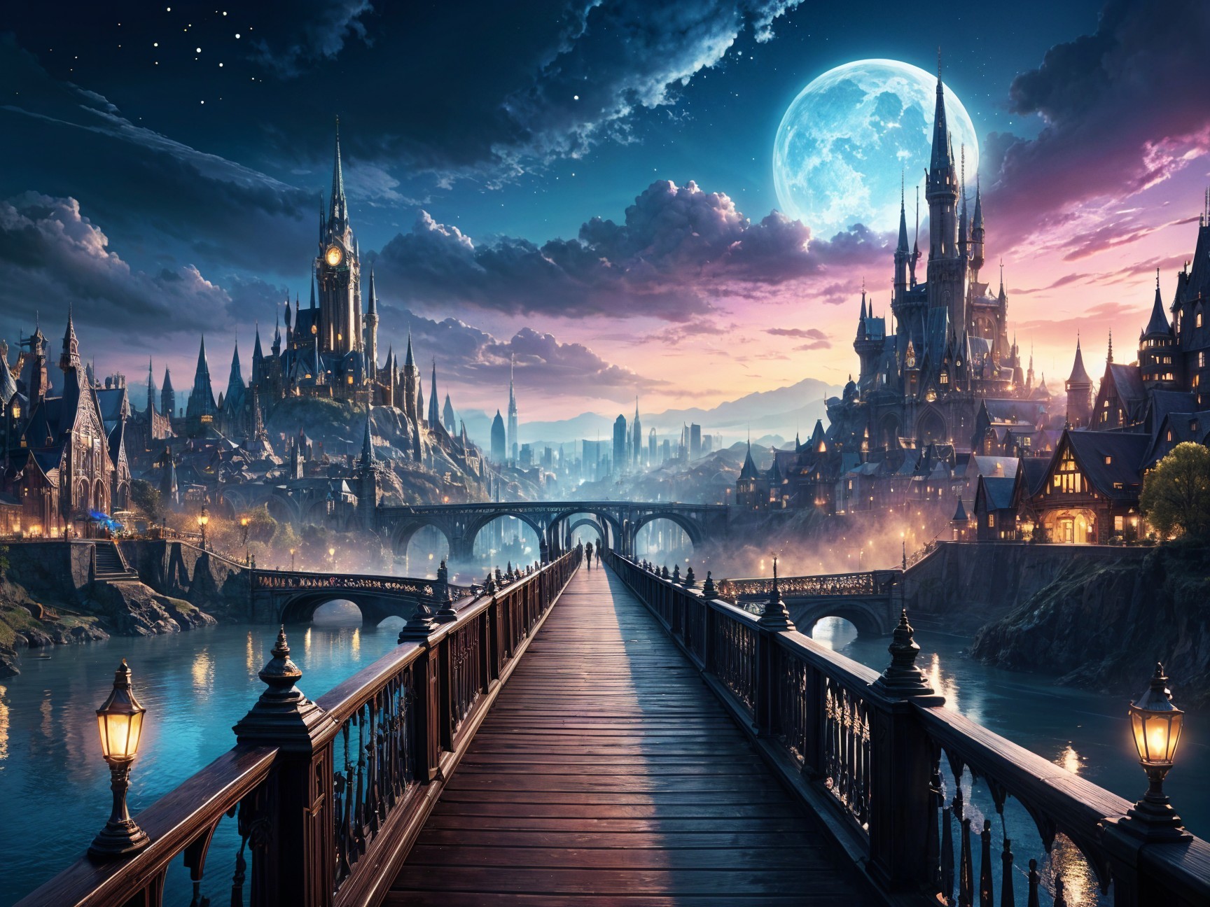 Fantasy Landscape with Bridge and Illuminated City
