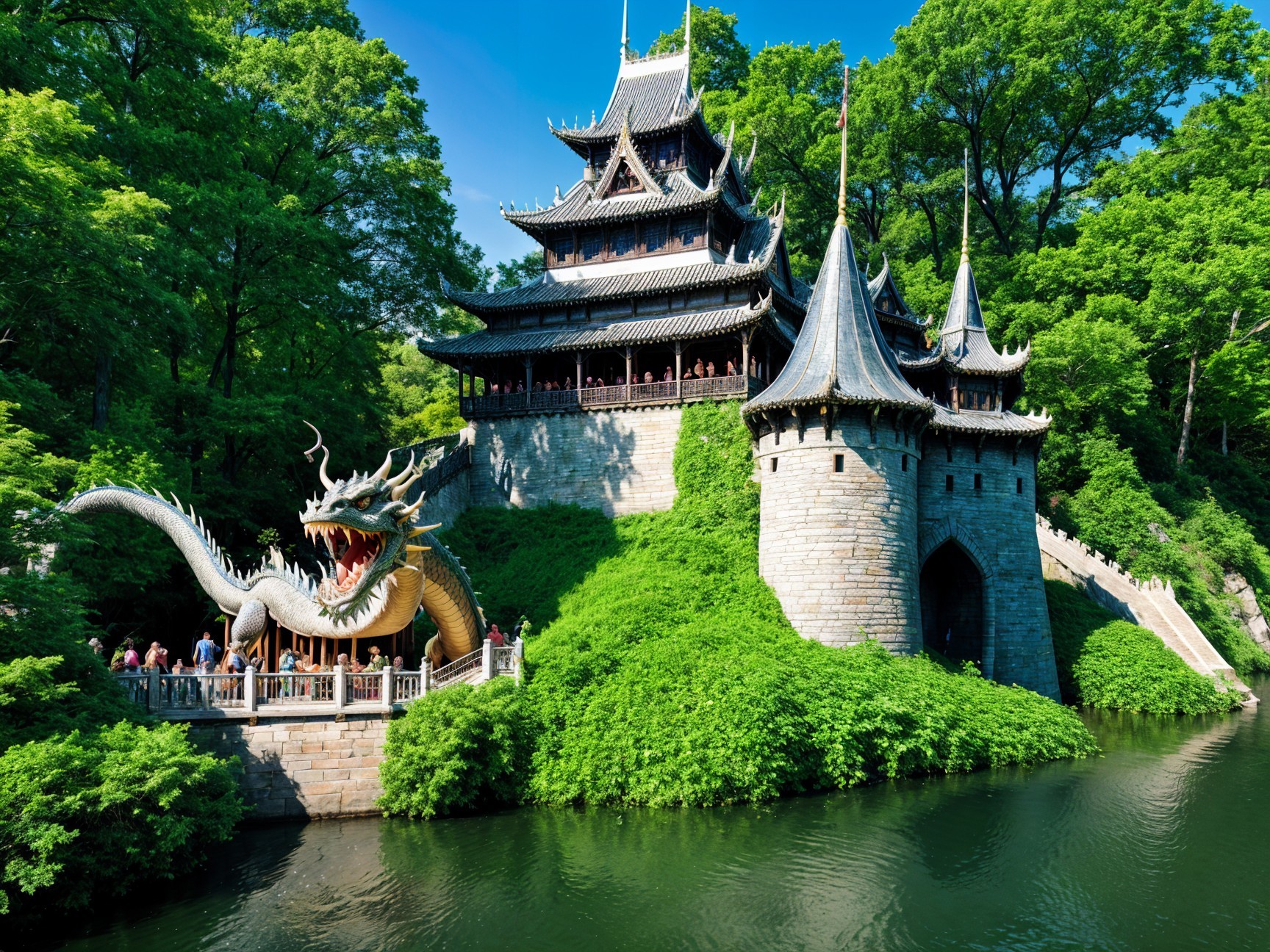 Castle Surrounded by Greenery and Dragon Sculpture