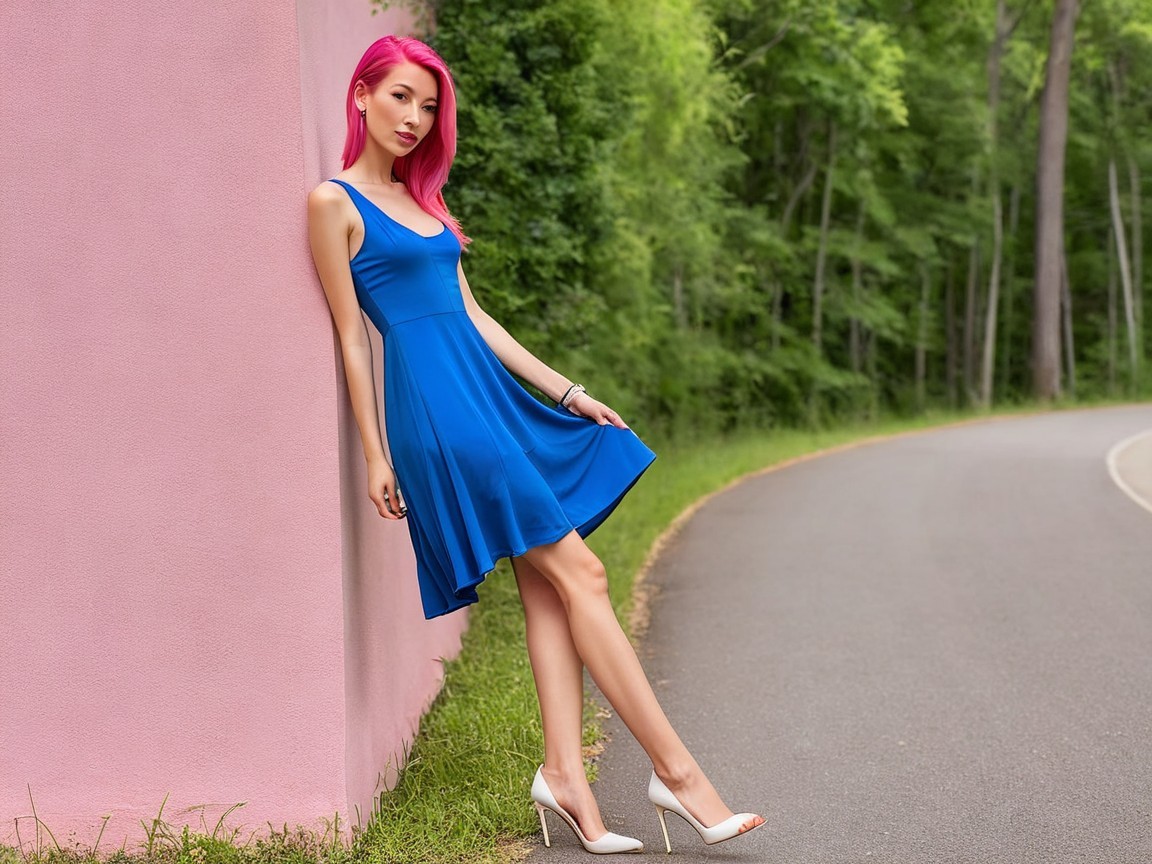 Young woman in blue dress by pastel pink wall