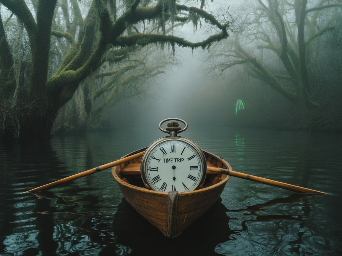 Wooden Rowboat on Misty River with Pocket Watch