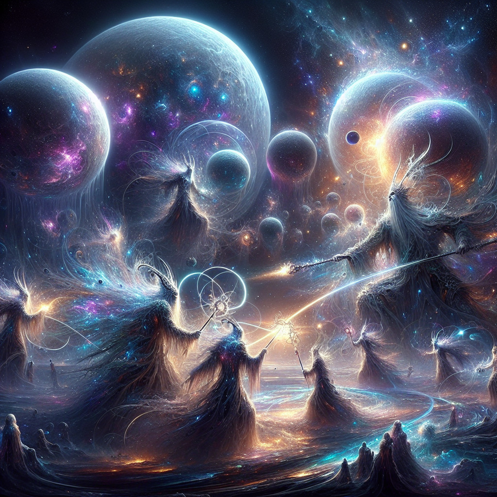 Cosmic Gathering of Ethereal Figures and Galaxies