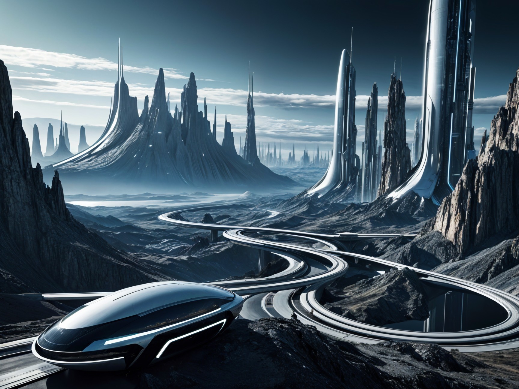 Futuristic landscape with advanced vehicles and mountains