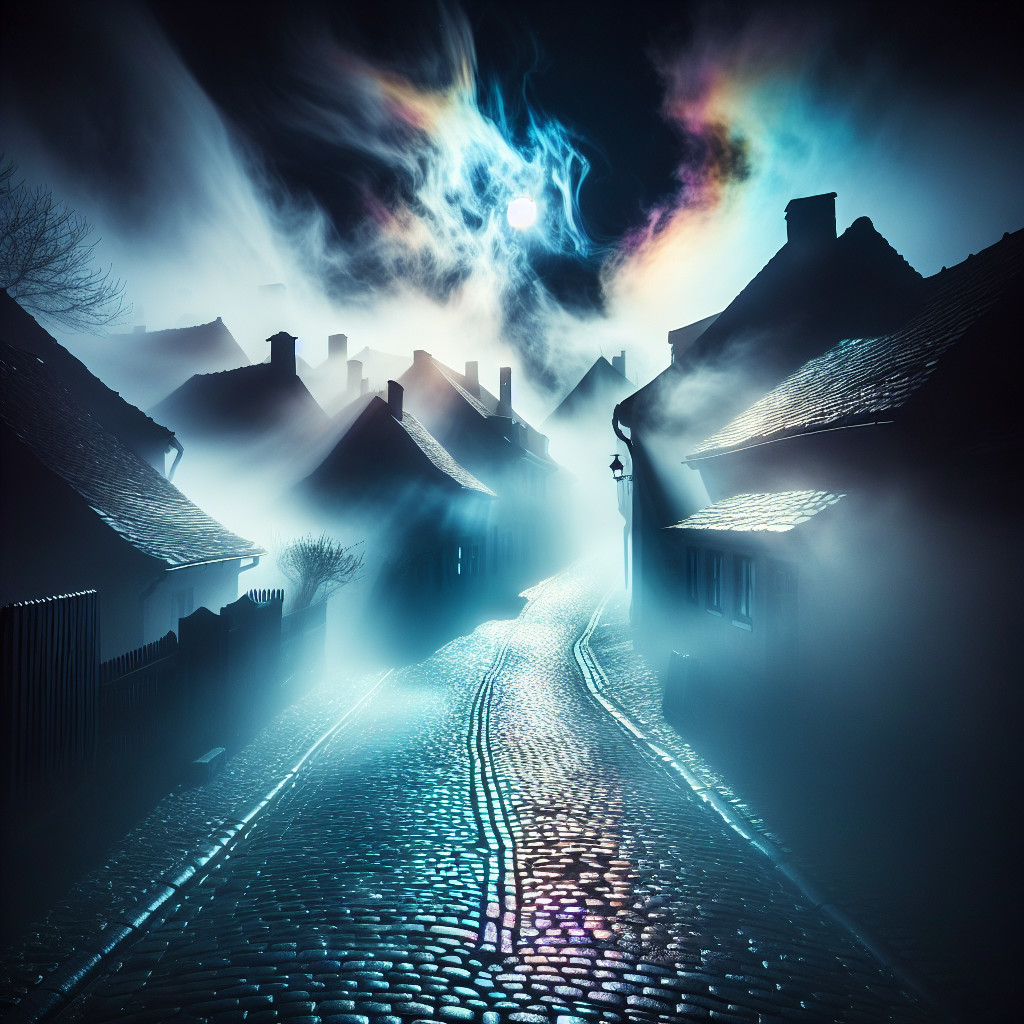 Eerie Foggy Street in an Old Village at Night
