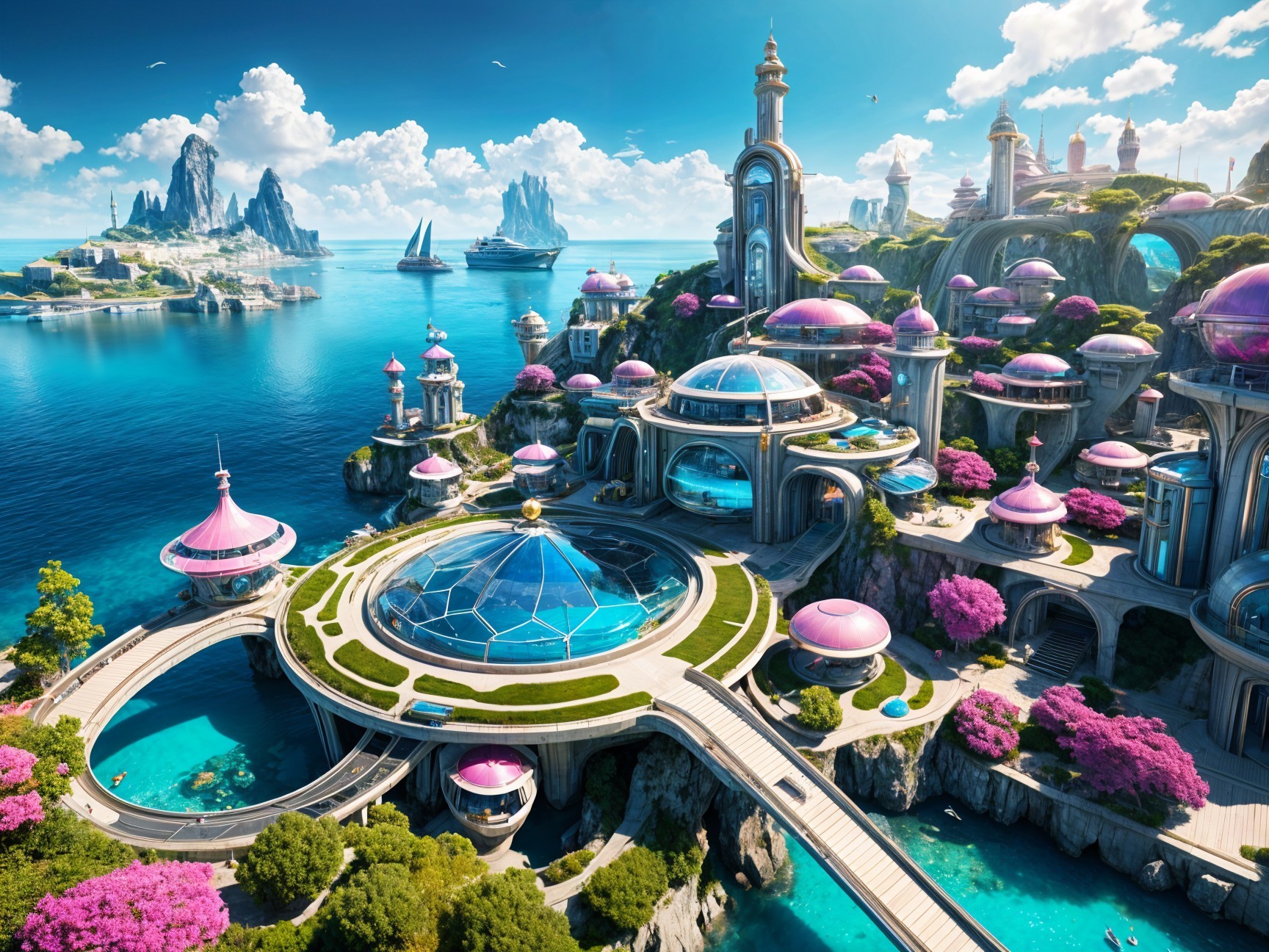 Futuristic seaside city with vibrant architecture and nature
